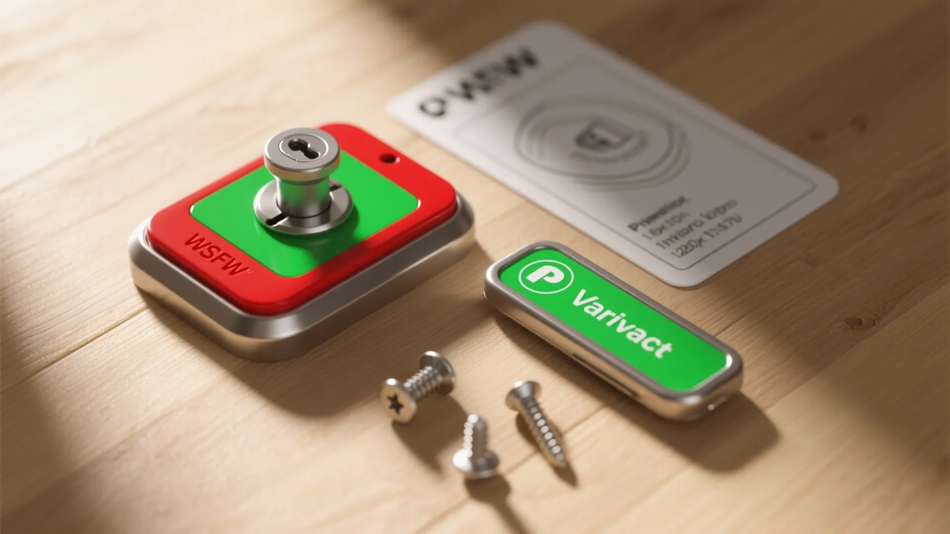 Flatlay of an indicator occupied/vacant lock plate and hardware on a wood surface