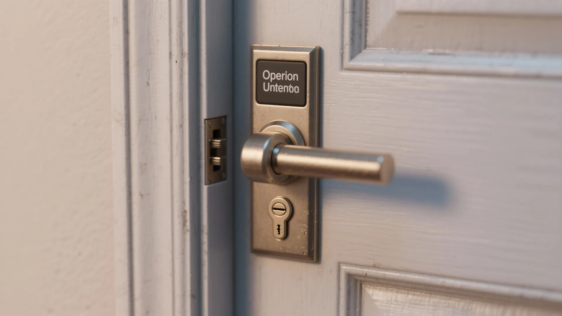 Close up view of a metal door handle and key lock on a light blue door