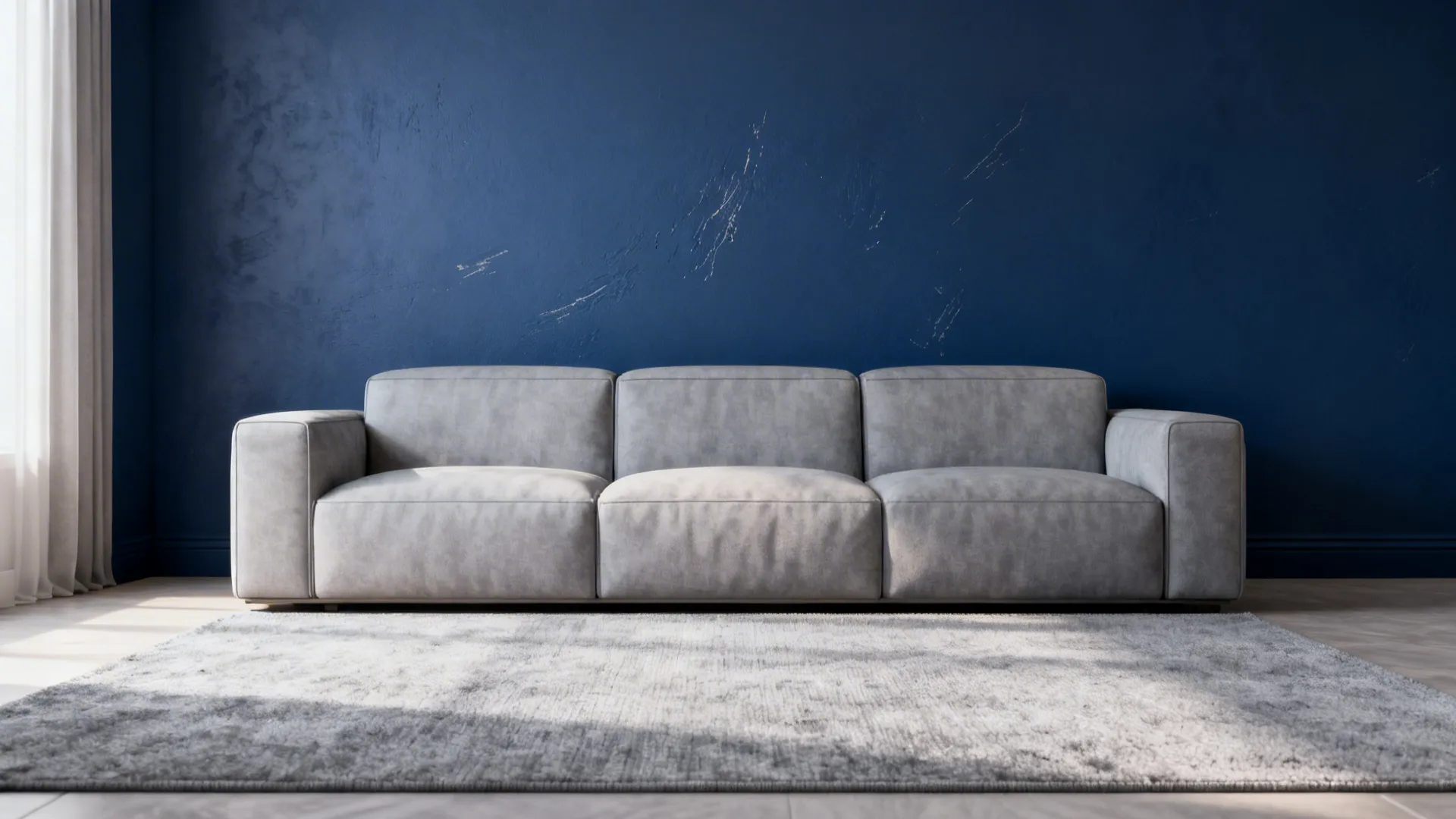 Living room with an indigo accent wall and pale grey sofa positioned slightly away from the wall