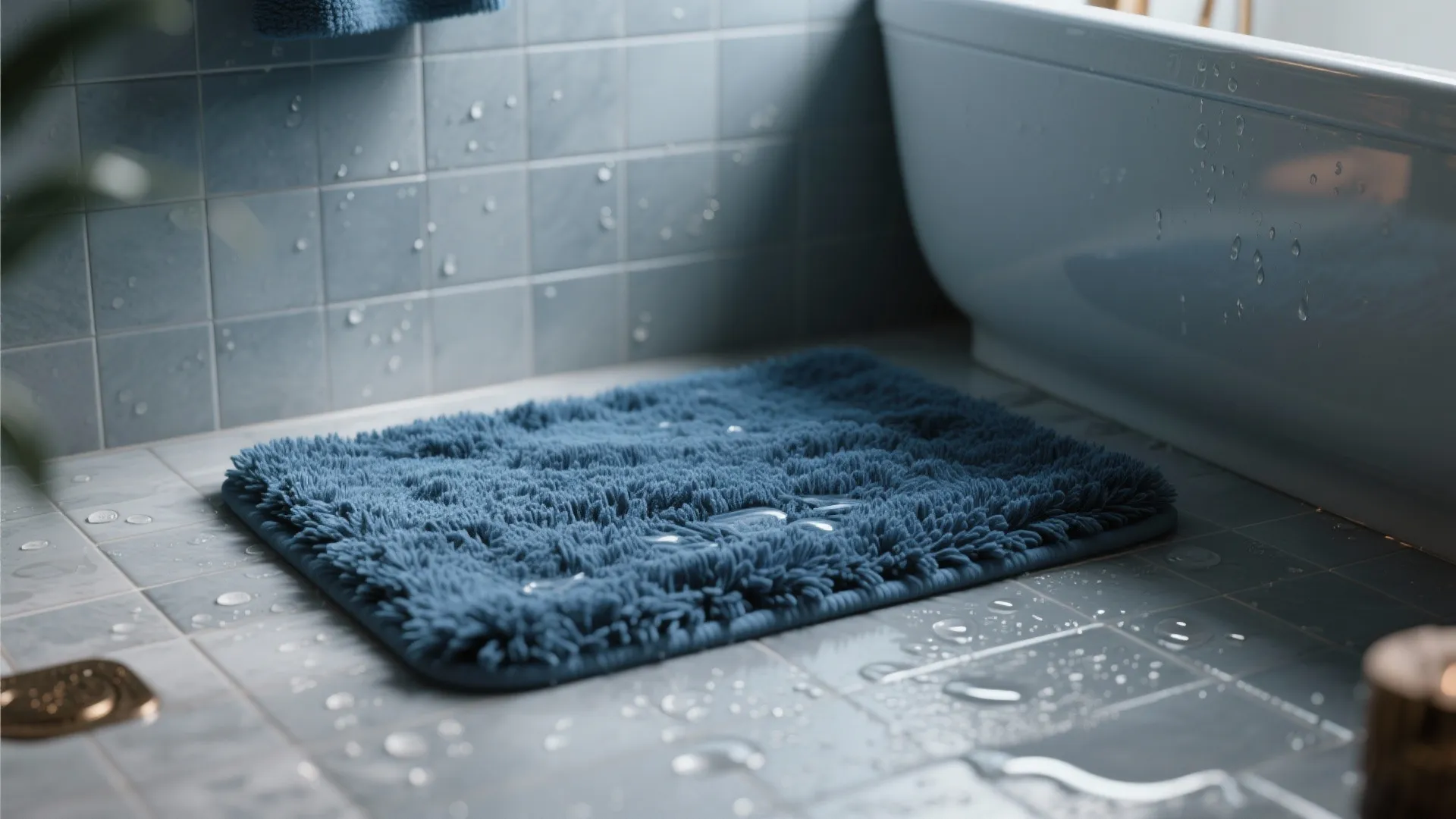 2. Deep indigo bath mat for coastal vibes