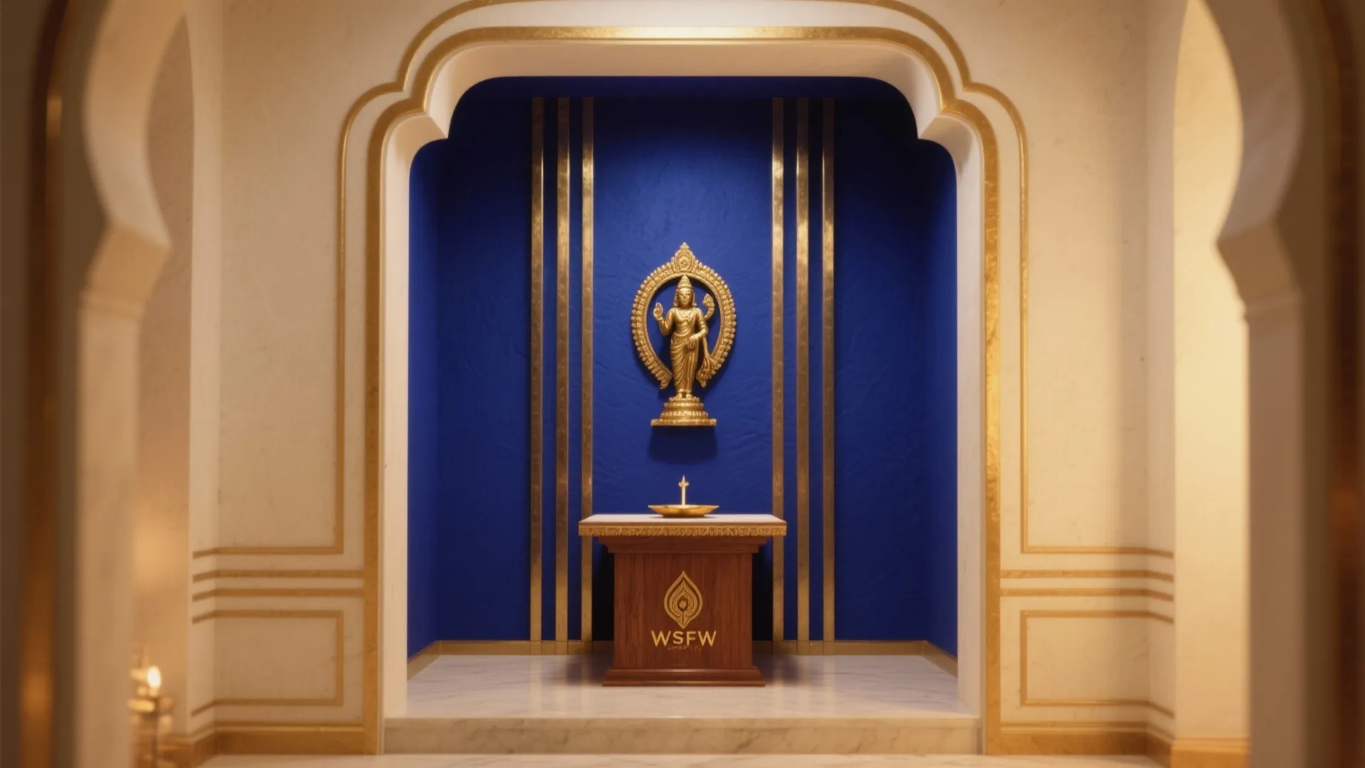 Modern prayer space with a blue wall golden statue wood cabinet and marble floor design
