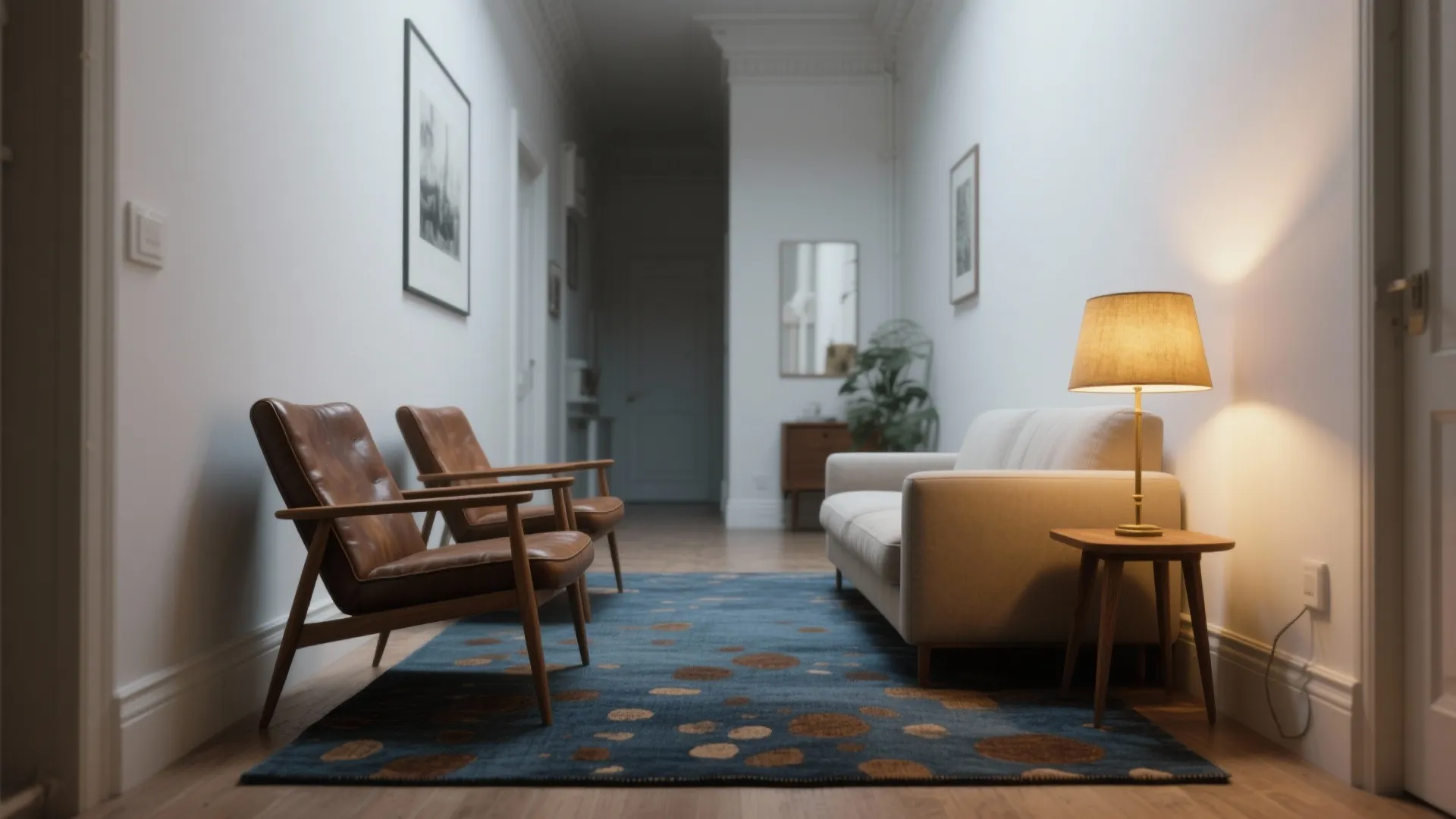 Narrow living area with a muted indigo rug featuring chestnut flecks, leather chair, and warm lamp light.