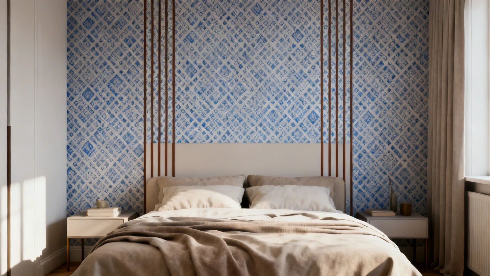 Bedroom feature wall with indigo geometric wallpaper and cocoa accents