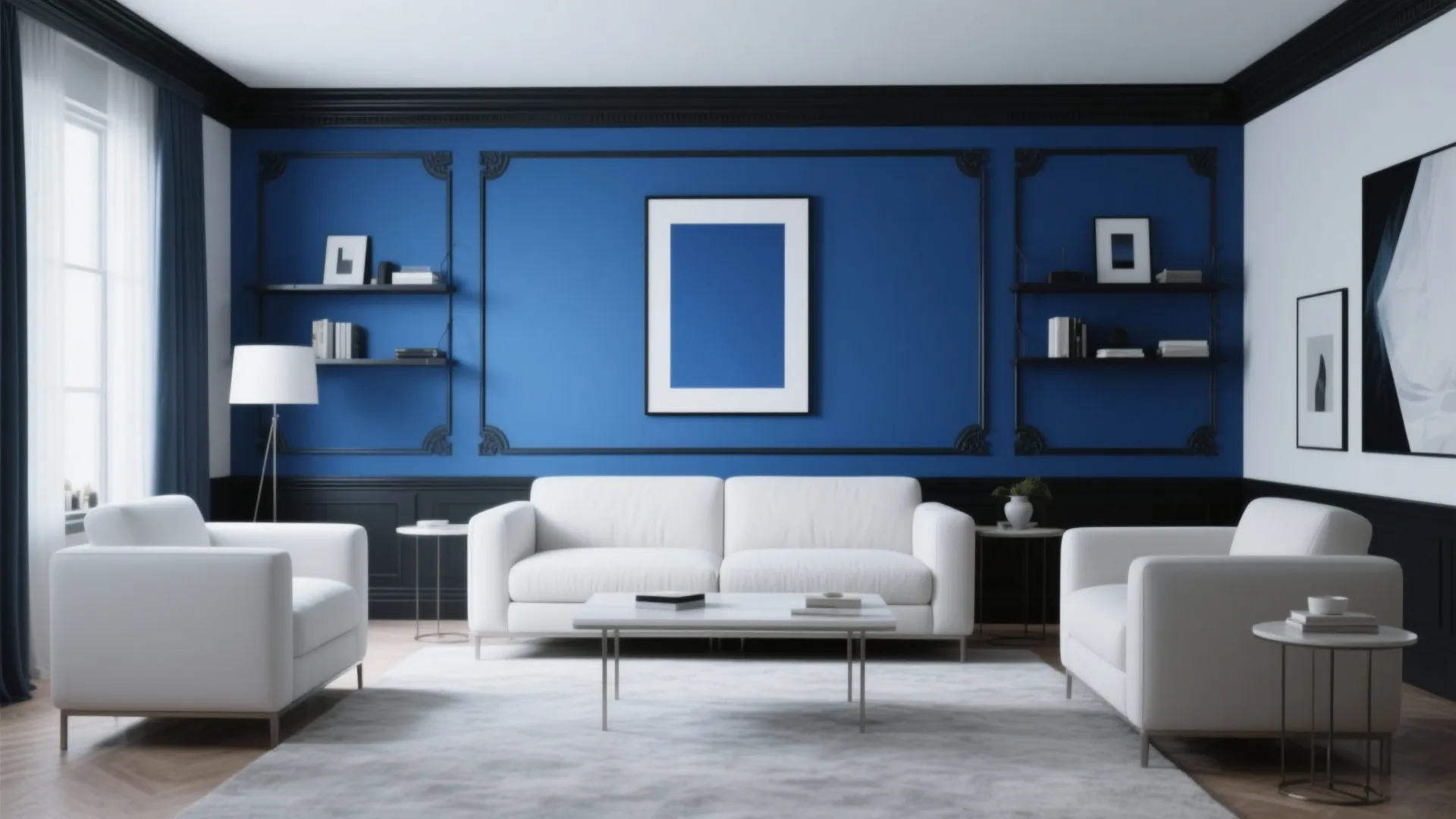 2. Blue focal wall framed by black accents