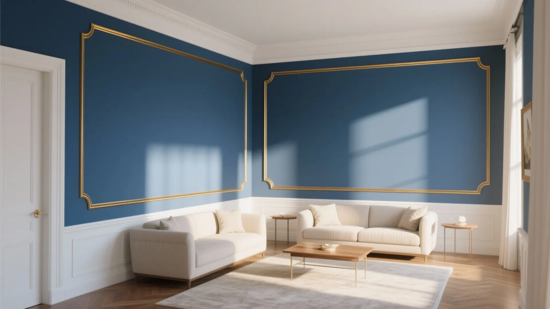 Classic living room with blue walls gold wall panels white sofas coffee table and natural light