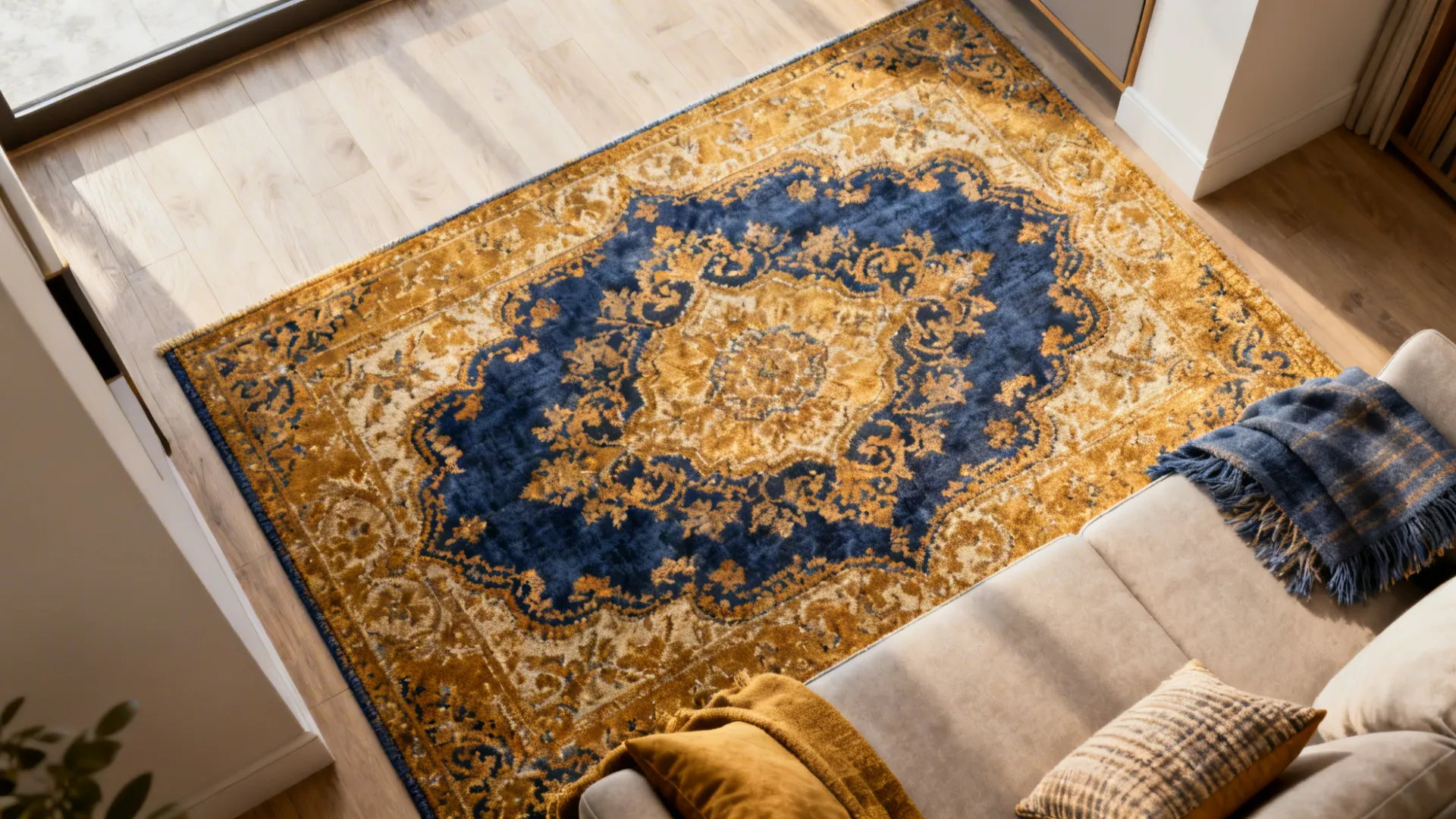 3. Patterned Rugs that Tie Blue and Gold Together