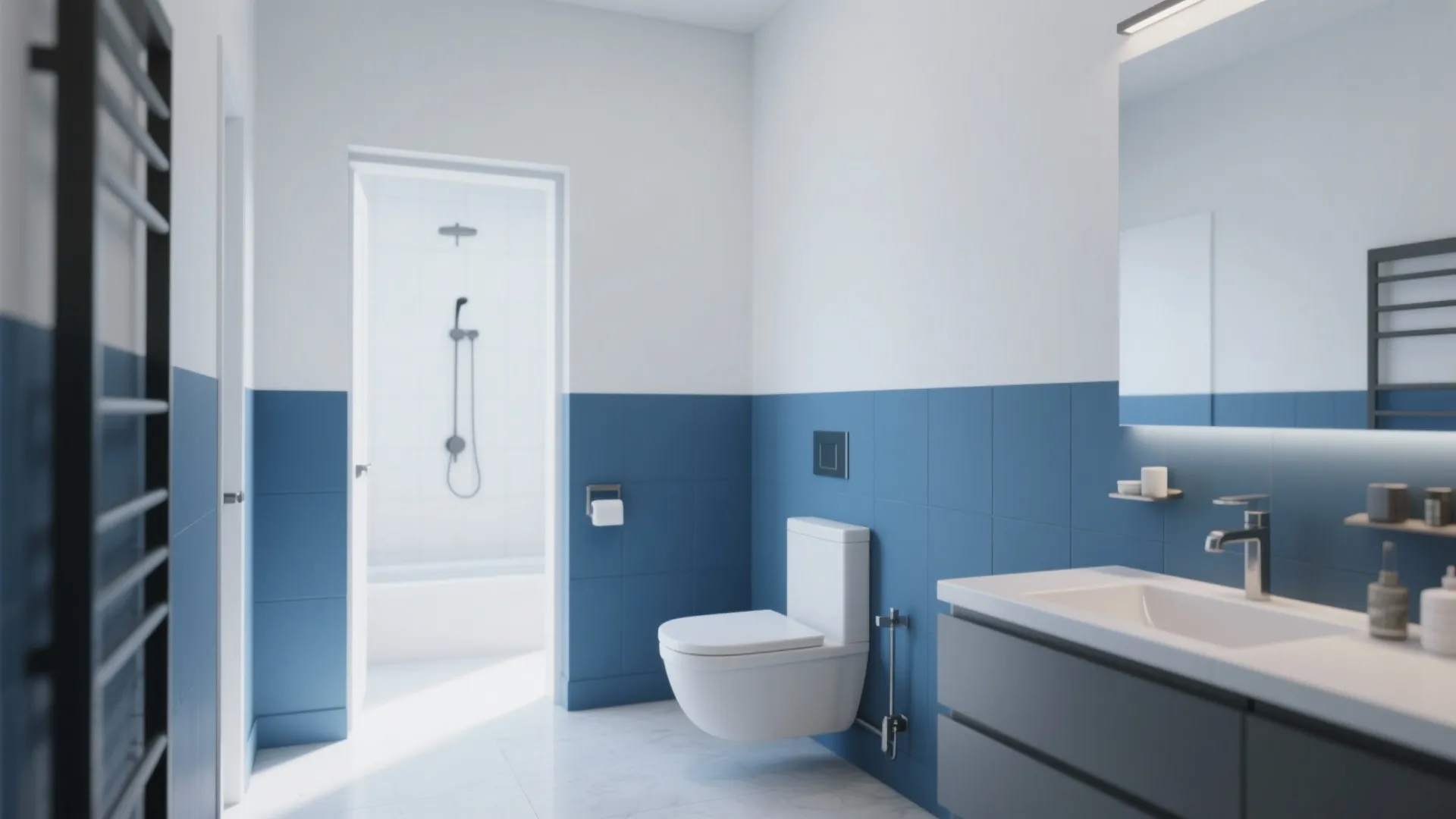 Bathroom with indigo painted lower walls and white above