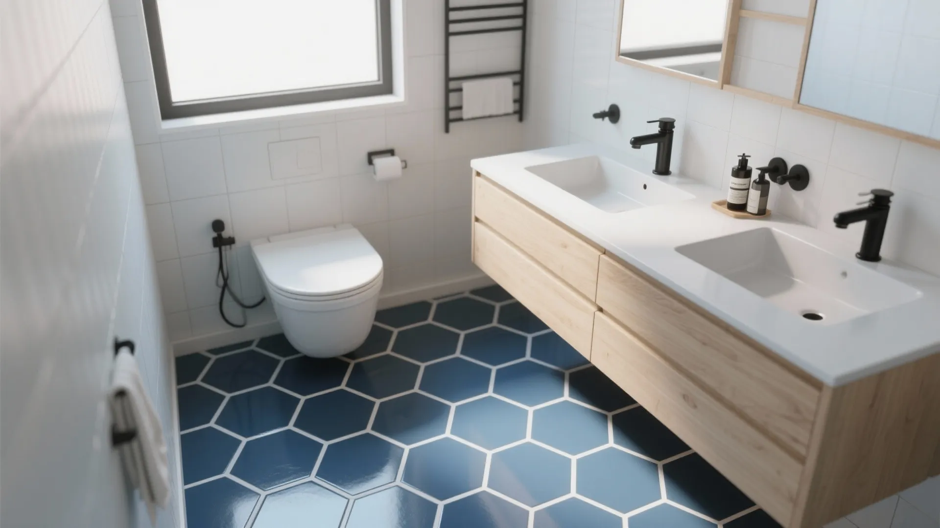 Indigo hex floor with crisp white grout lines, Scandi pale wood vanity and black fixtures in a small, bright bathroom.