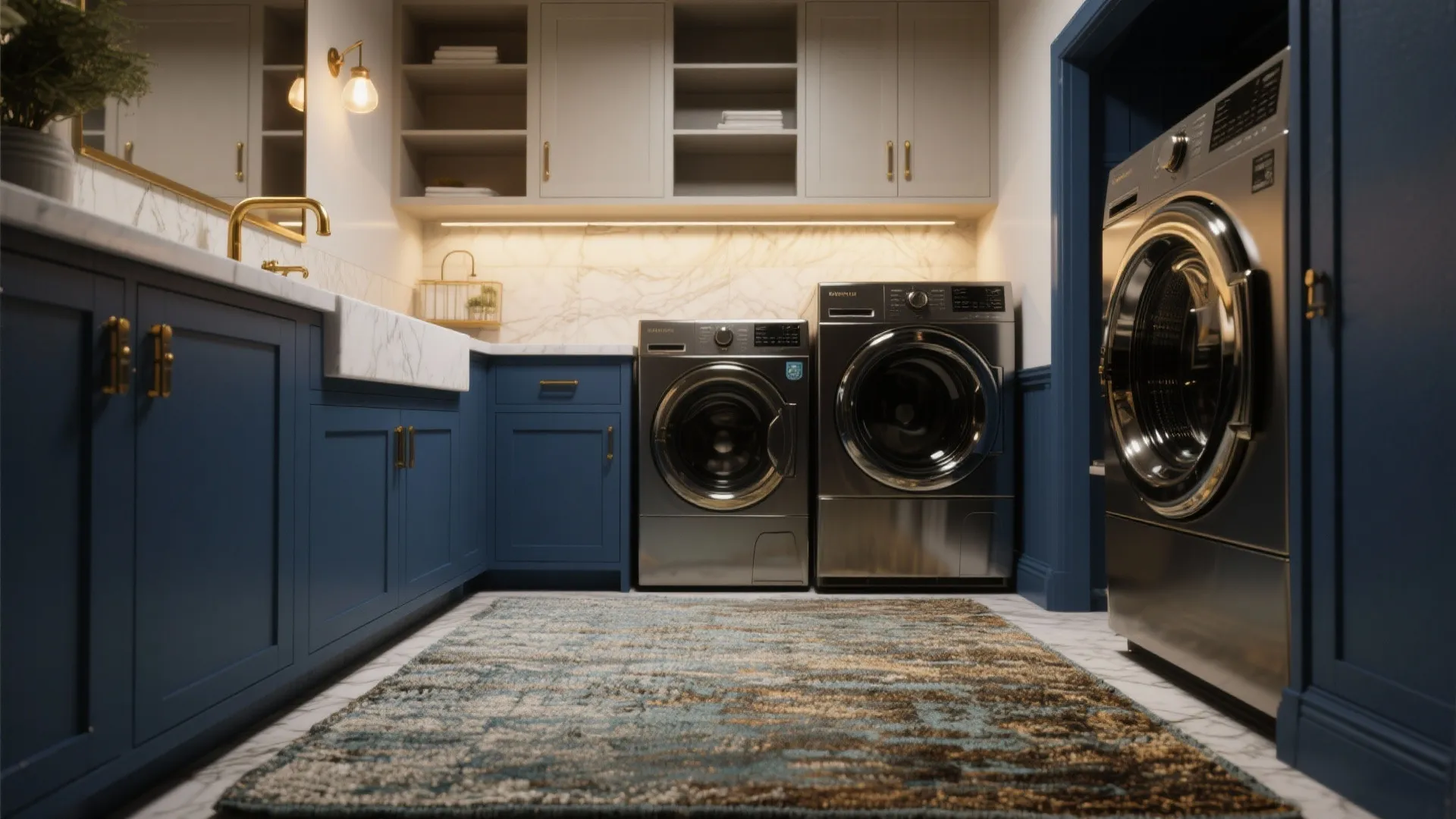 Dark blue laundry room with two silver washing machines white countertop wall light and large rug