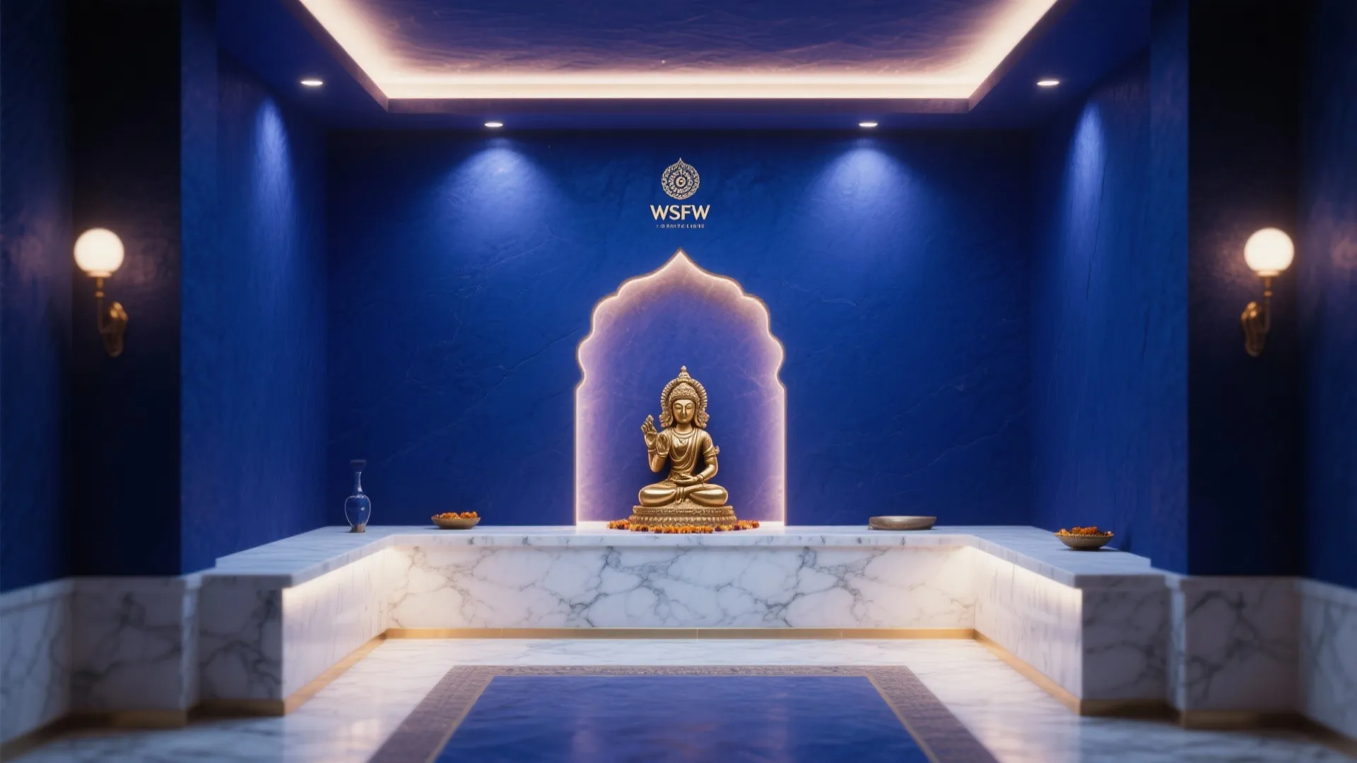 Modern blue meditation room featuring a golden statue marble benches wall lights and ceiling lights