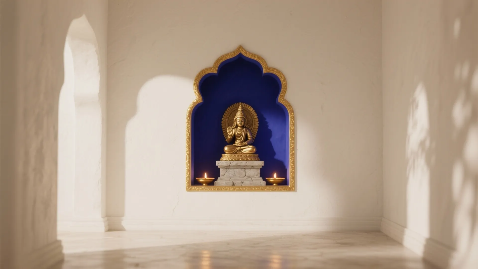 Gold Buddha statue sitting inside a blue wall niche with two small lights on sides