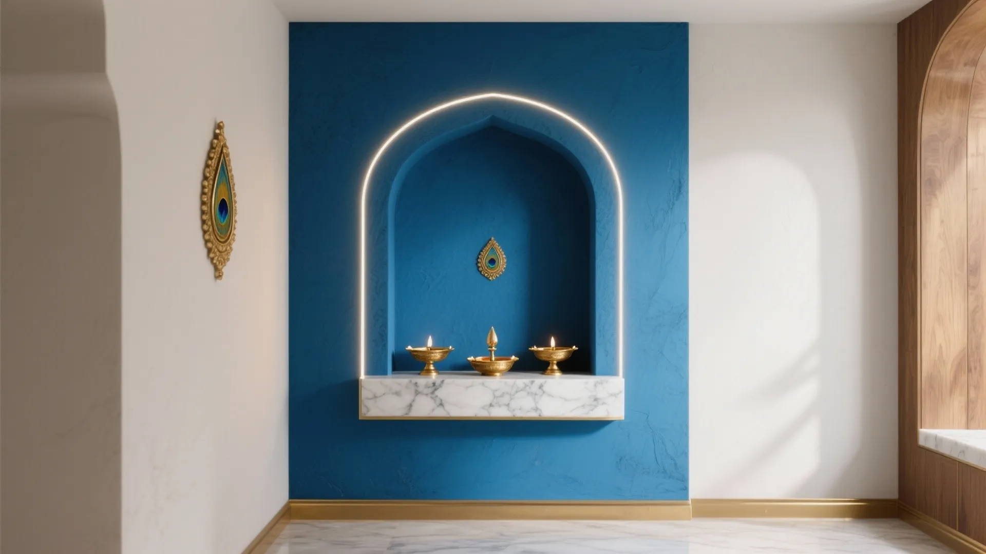 Blue arched wall niche with lit brass oil lamps on a marble shelf and peacock decoration