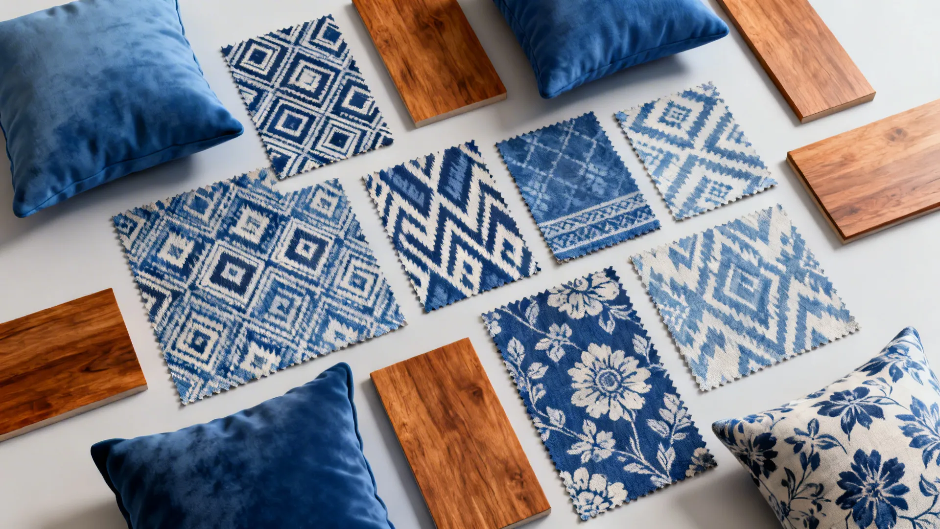 Flatlay of indigo patterned curtain swatches with matching cushions and wood samples.