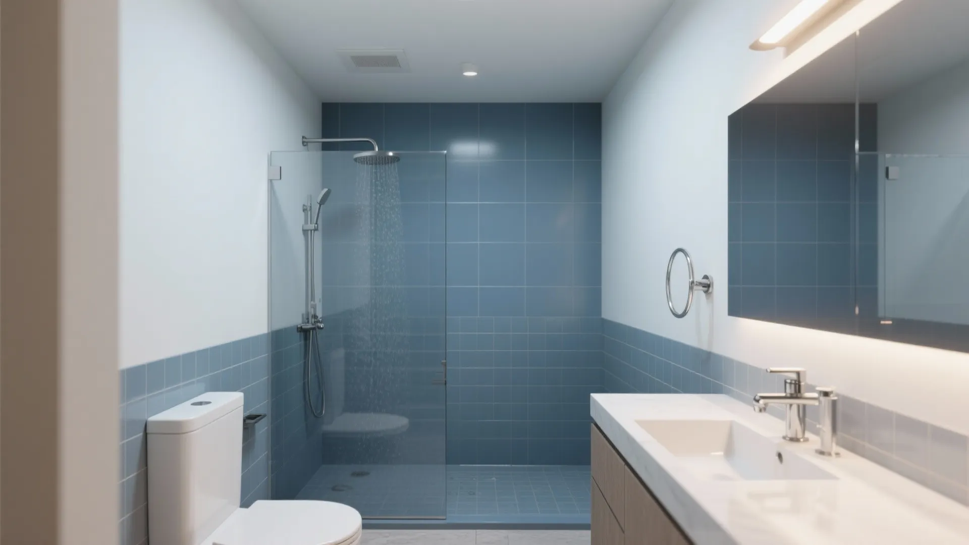 Matte indigo large-format porcelain walls in a compact bathroom with chrome fixtures.