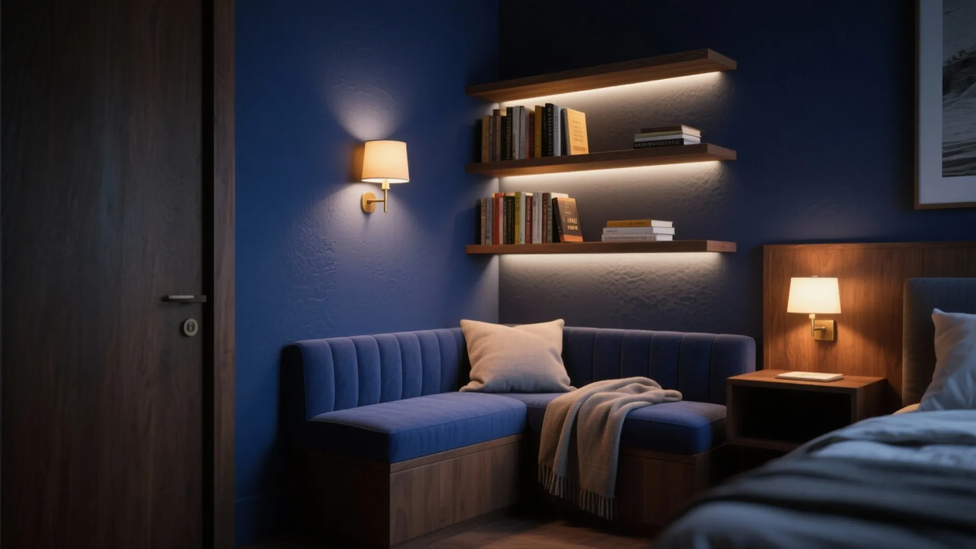 Deep Blue Cozy Nook with Layered Lighting