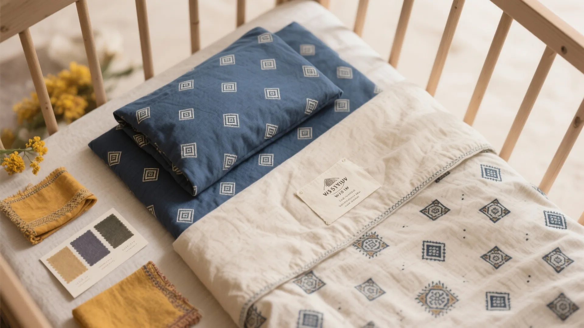Block-Printed Cot Linens in Indigo and Sand