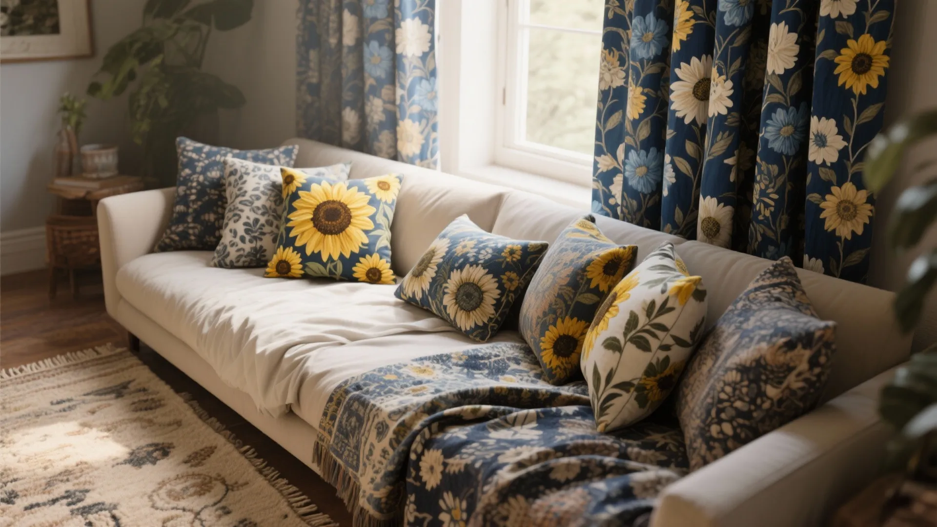 5. Eclectic Prints: Indigo Florals and Sunflower Motifs