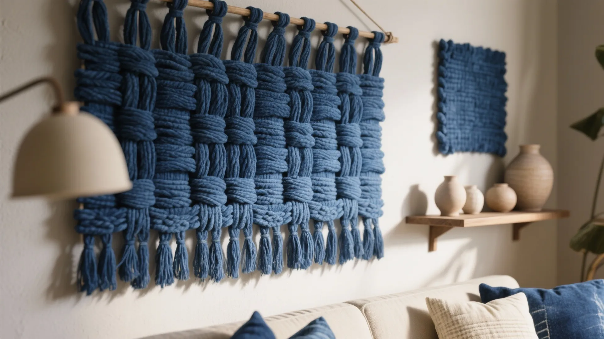 Blue woven wall hanging above a white sofa with blue pillows and small decorative vases