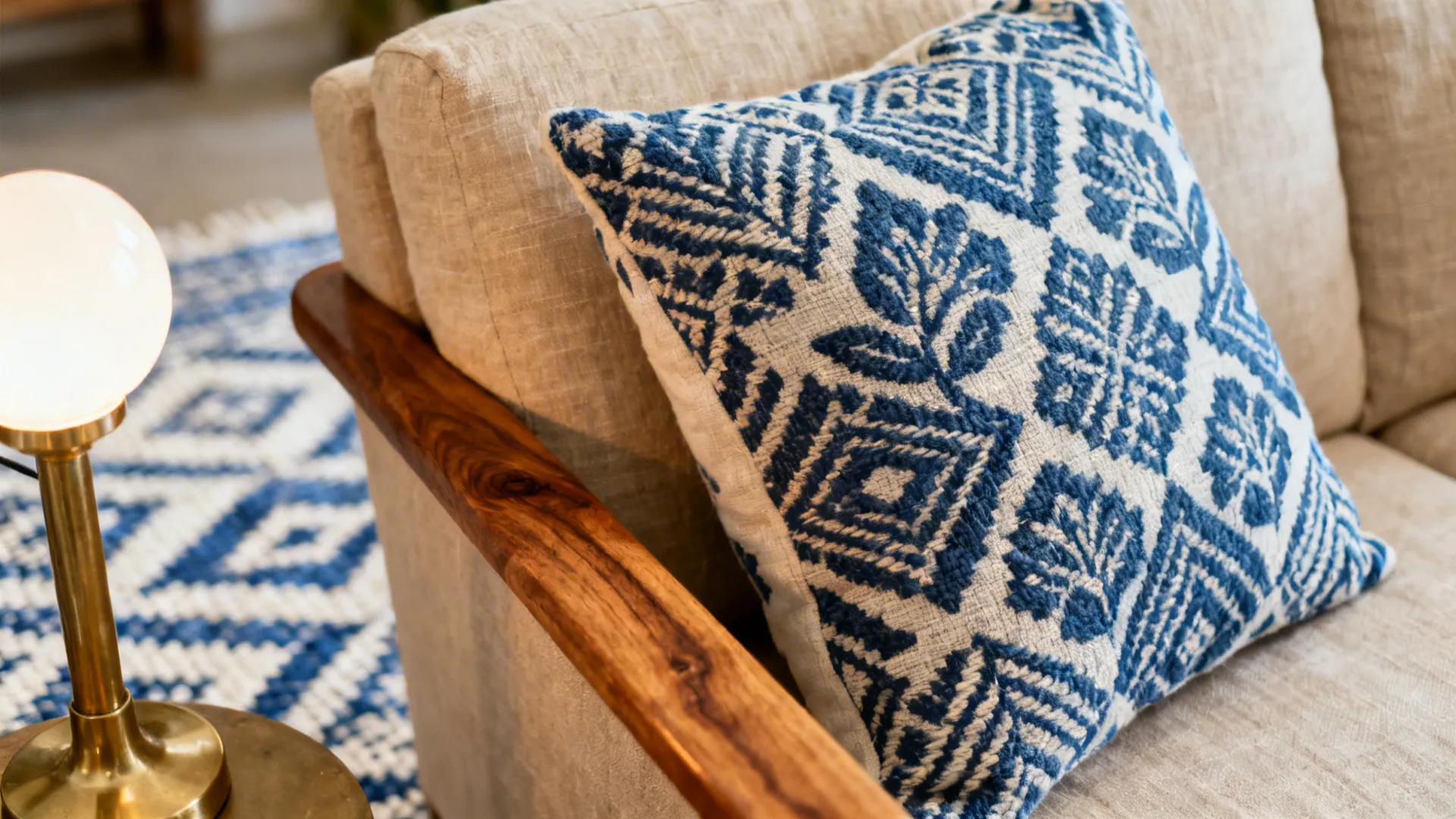 Macro of indigo hand-block cushion on a beige linen sofa with teak detail.