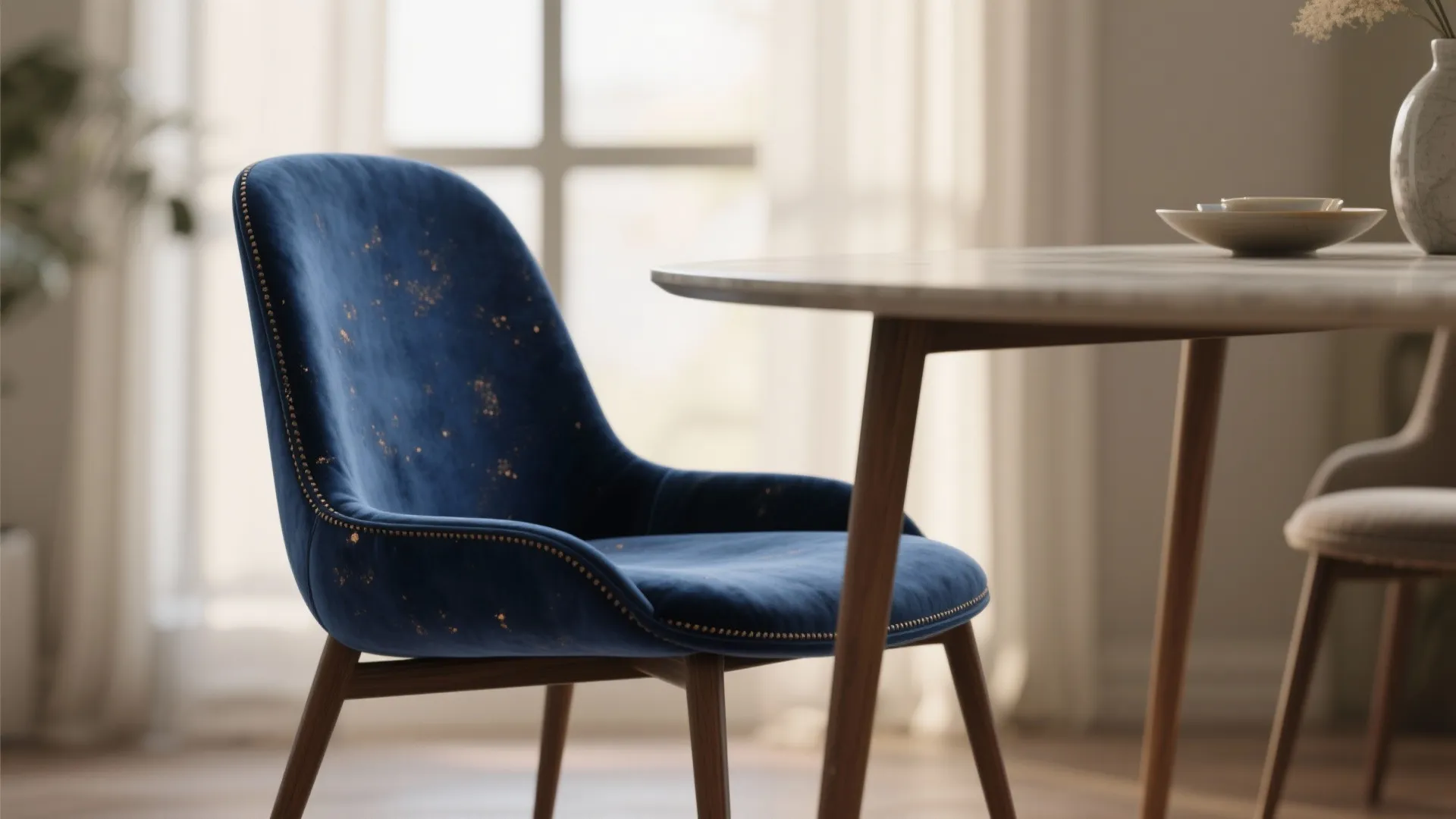 2. Velvet indigo chairs as a luxe statement in neutral rooms