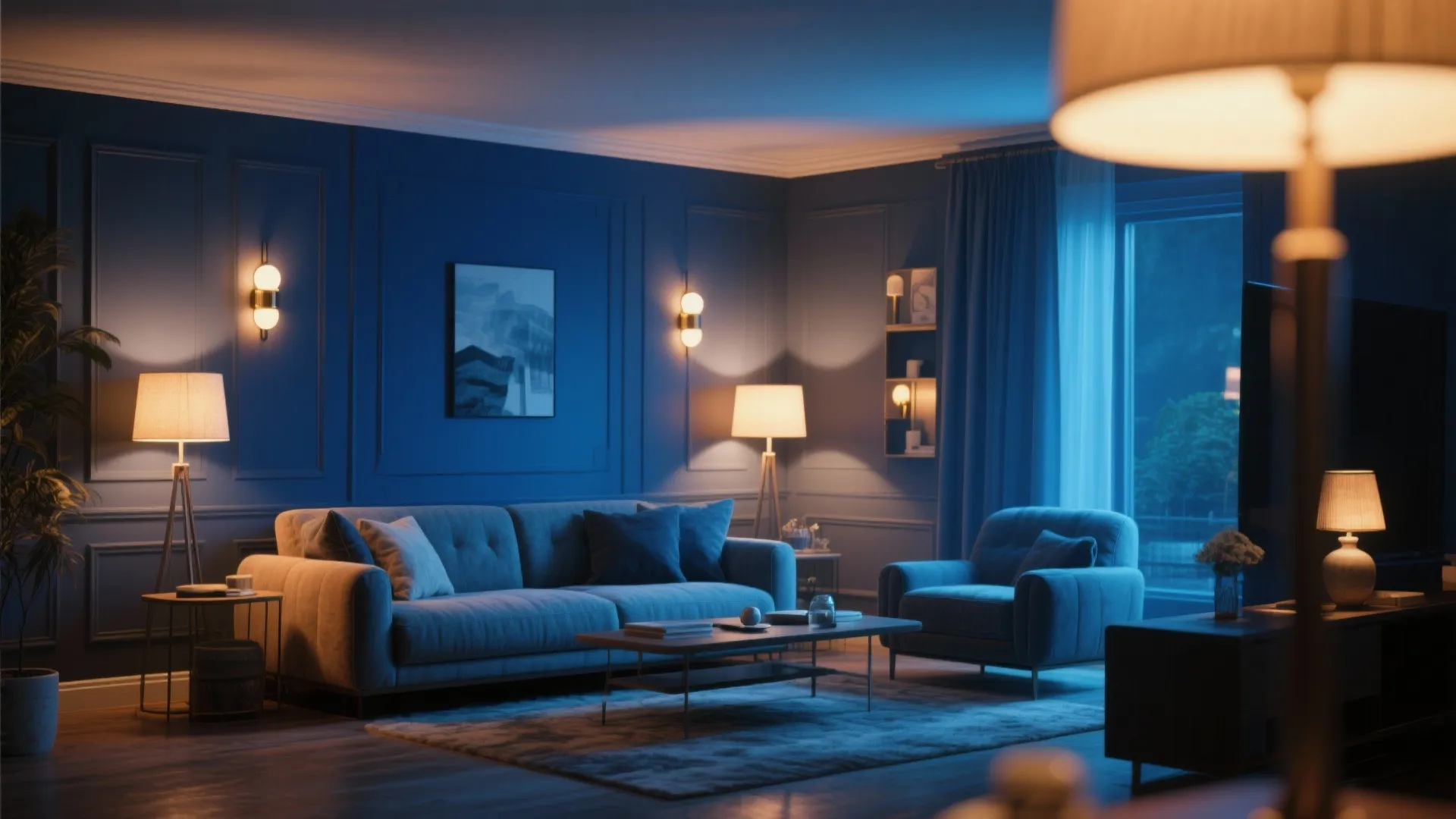 10. Indigo Walls with Layered Lighting