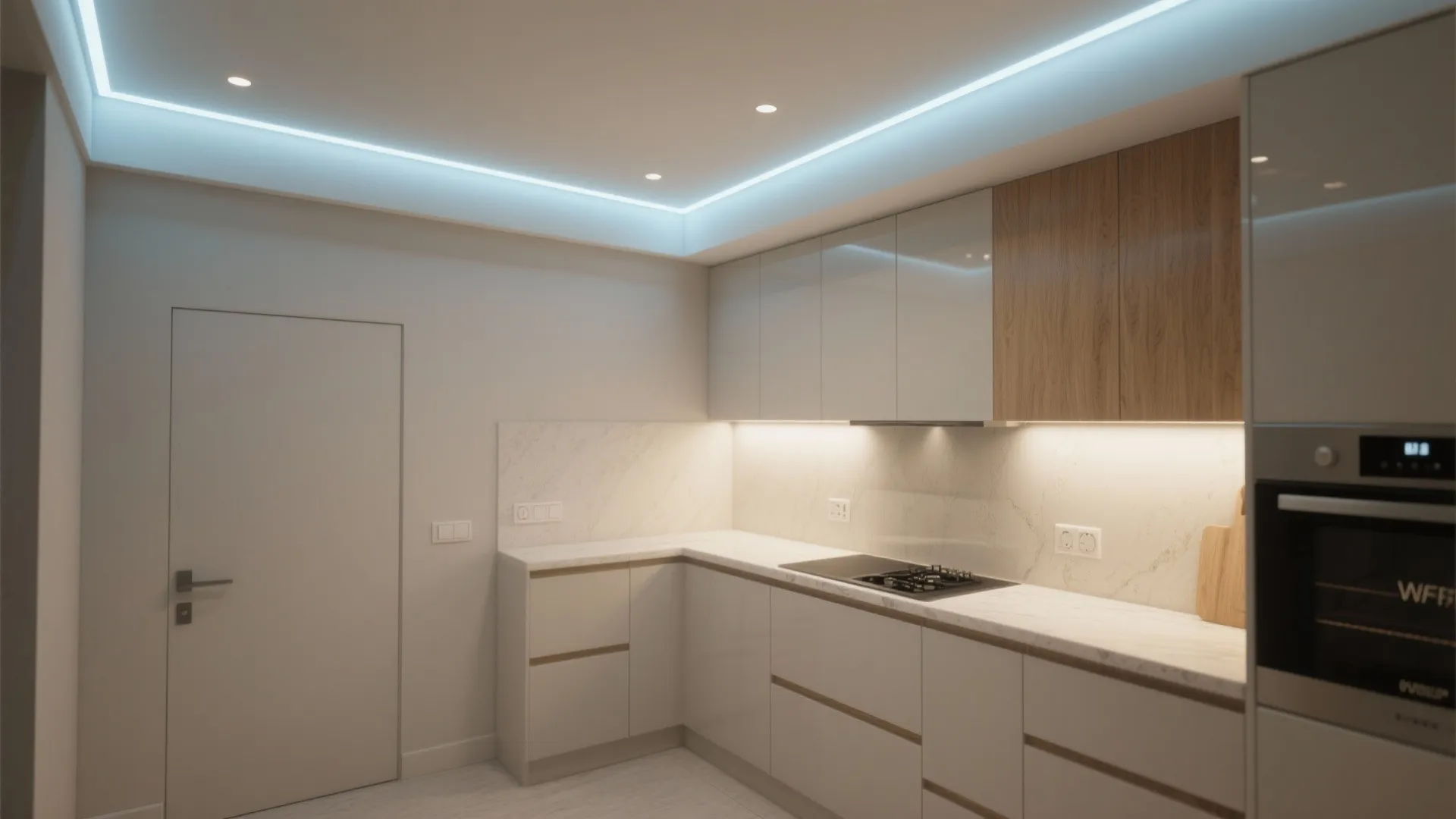 Indirect cove-style wall lights for soft, spacious ambience