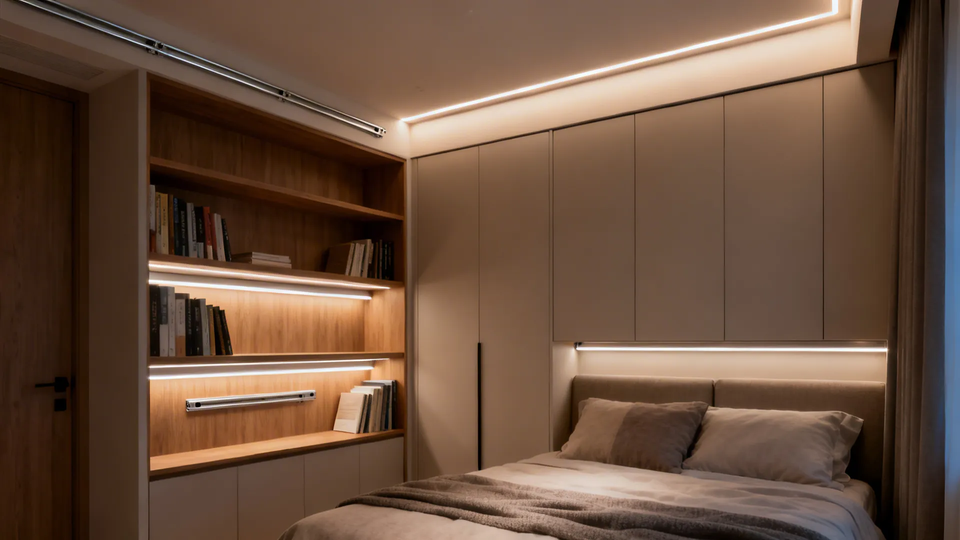 Cove and under-shelf LED strips softly wash walls and ceiling for uniform indirect light.
