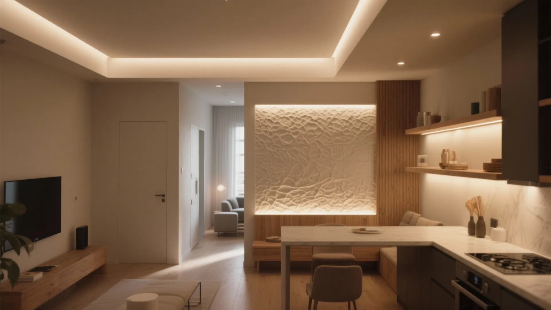 Modern open living room with textured wall panel, soft hidden lights, dining table, and kitchen