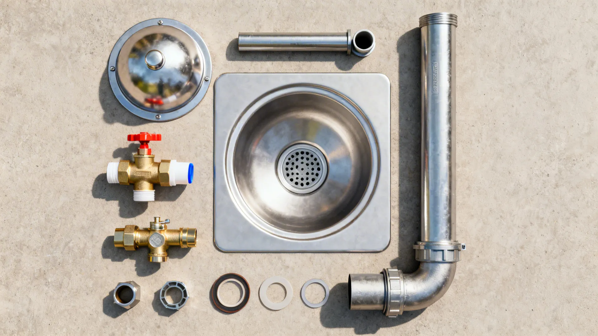 Flat lay of a floor sink with dome strainer, standpipe for air gap, backflow device, and trap primer components.