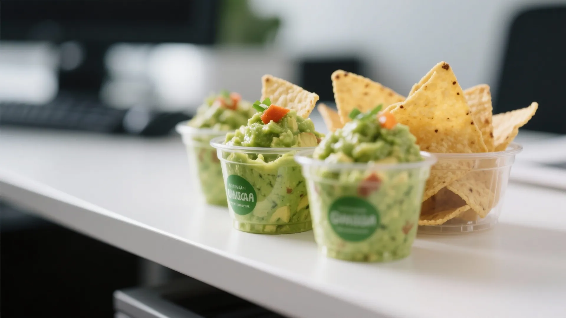 Small plastic cups filled with fresh green guacamole served with crispy corn chips on desk