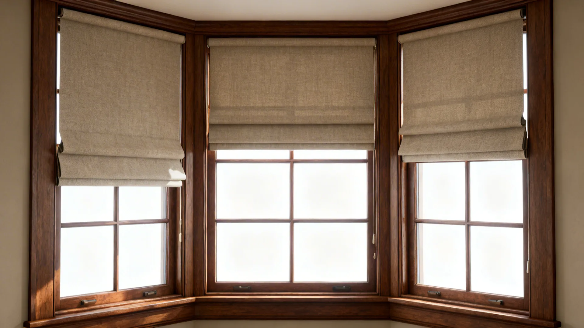 Bay window with dark wood frames and three light brown fabric blinds in a bright room