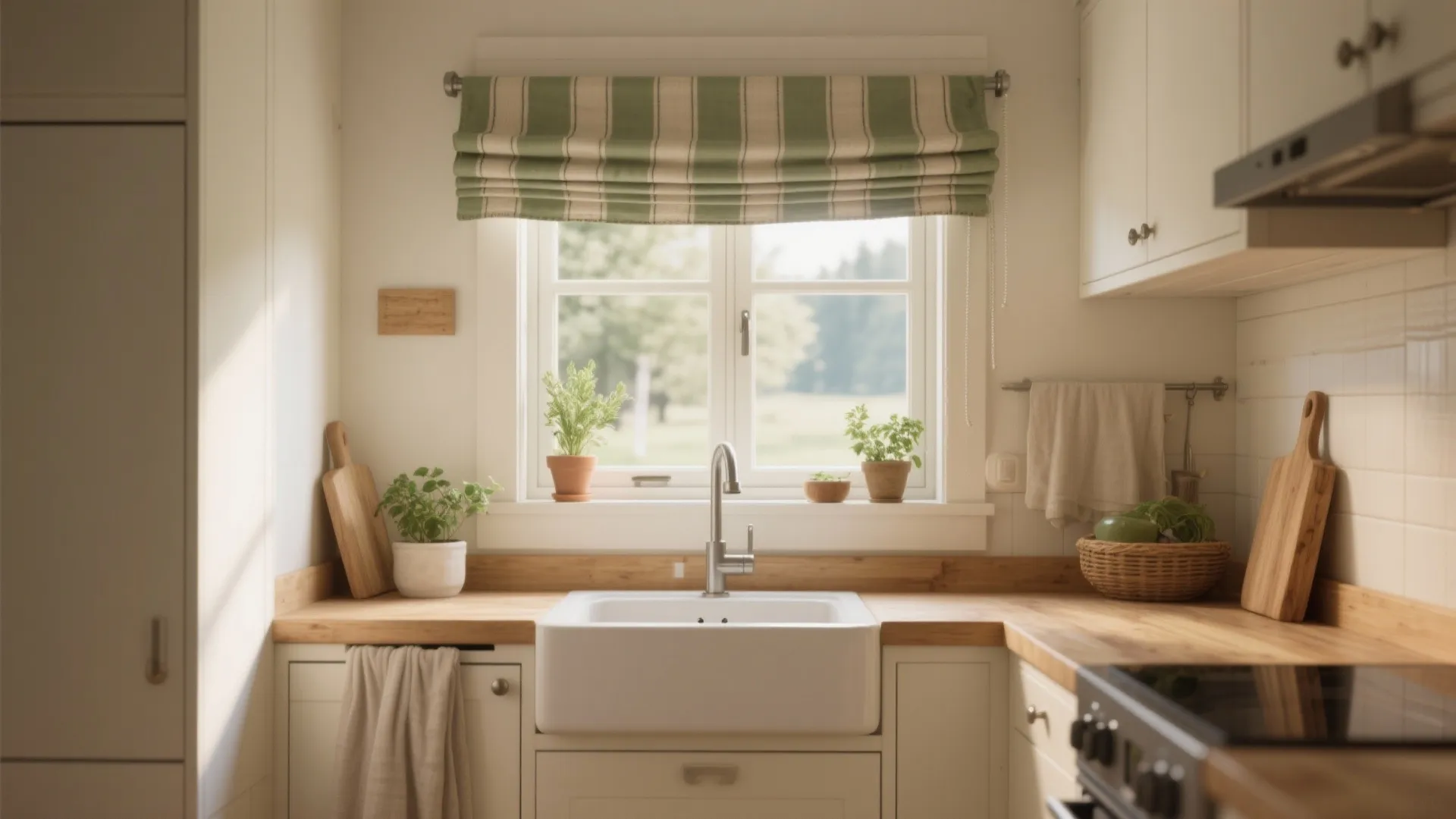 Modern kitchen with white sink wood countertop striped green curtain window and small green potted plants