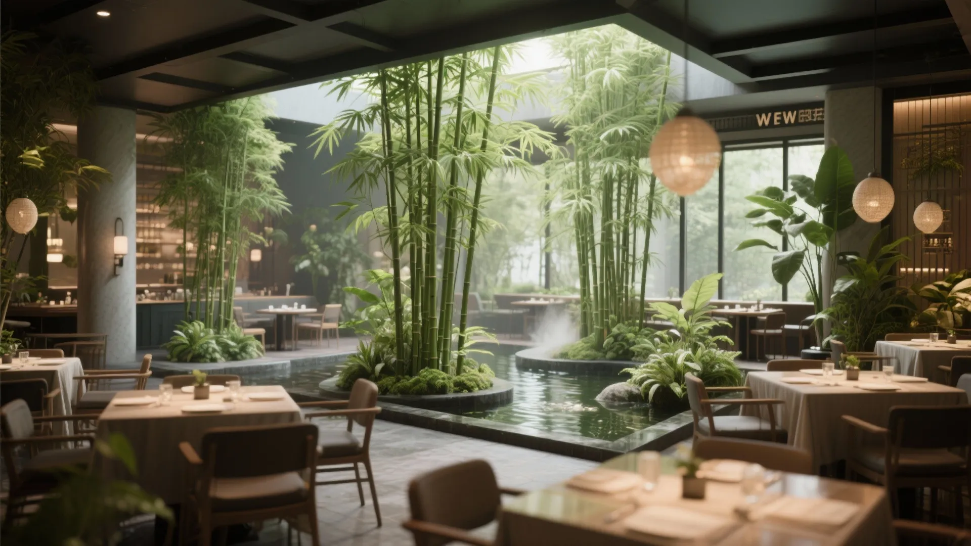 Indoor restaurant dining area featuring a central pond, tall bamboo plants, and beige linen tables
