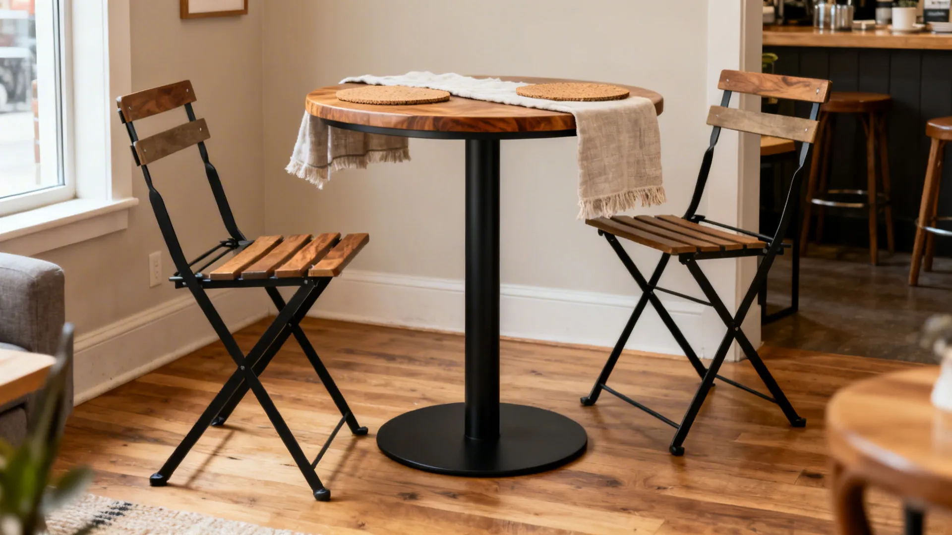 Matte-black or acacia foldable bistro set with a linen runner in a cozy indoor nook.
