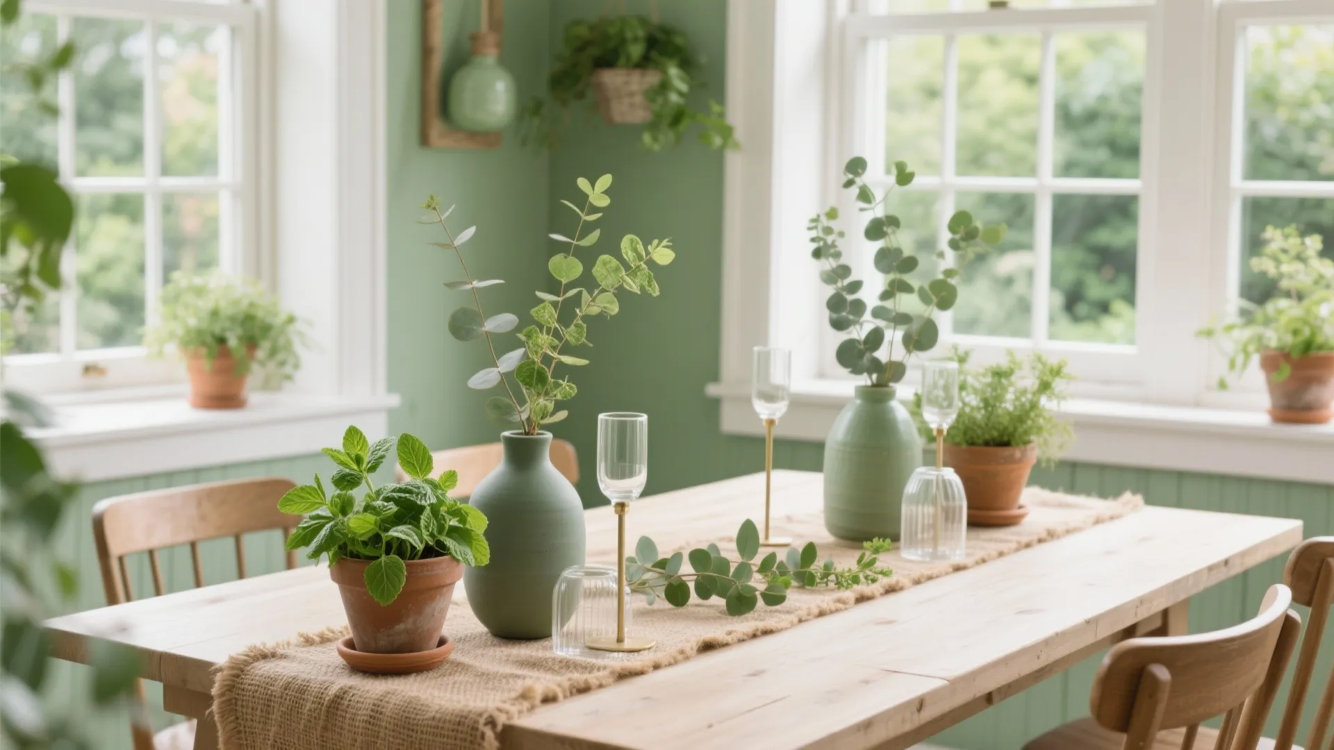 Wooden dining table with green plants in pots and vases on a burlap runner cloth
