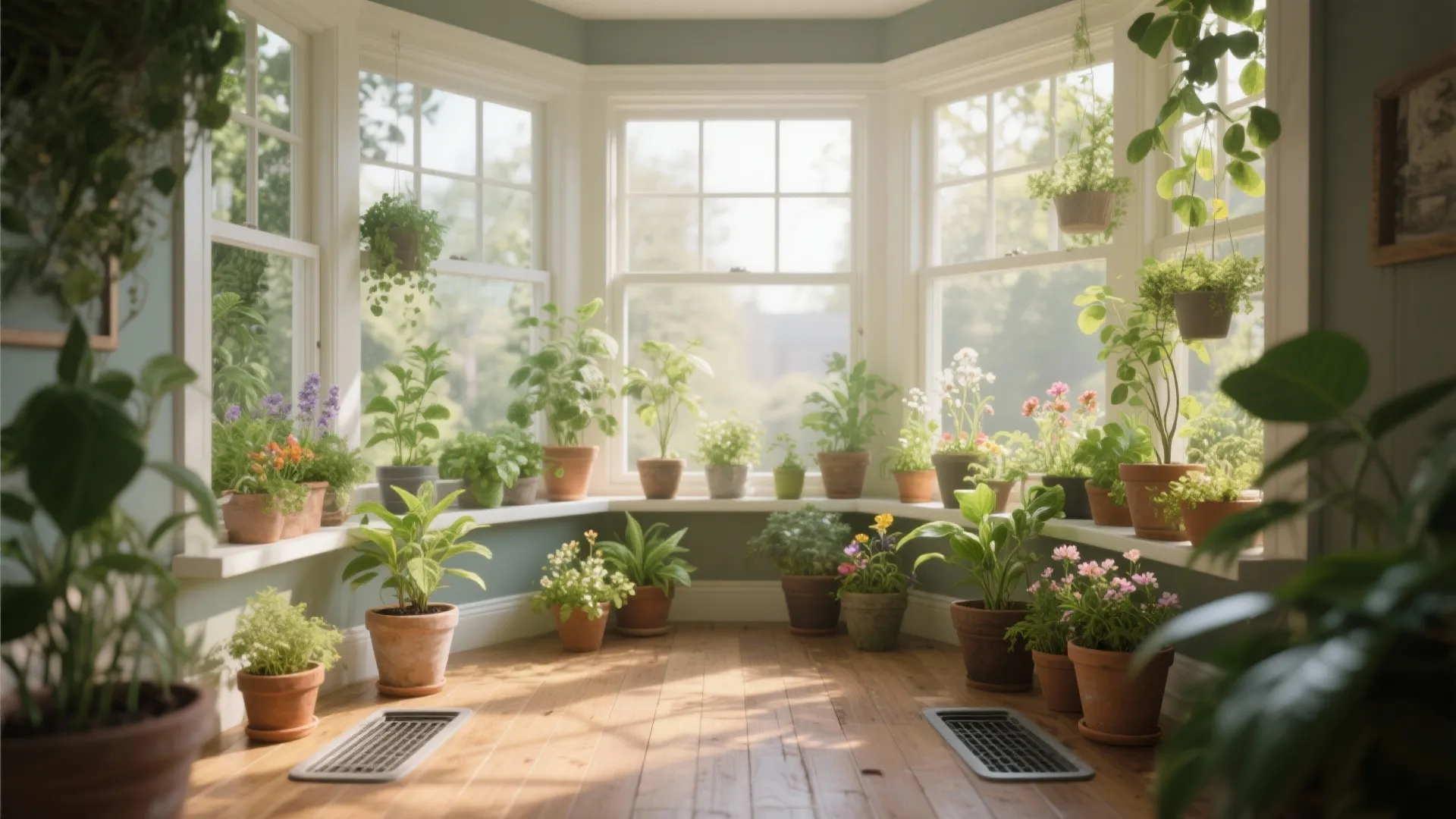 Indoor garden with various green plants in pots placed on a white sunlit bay window