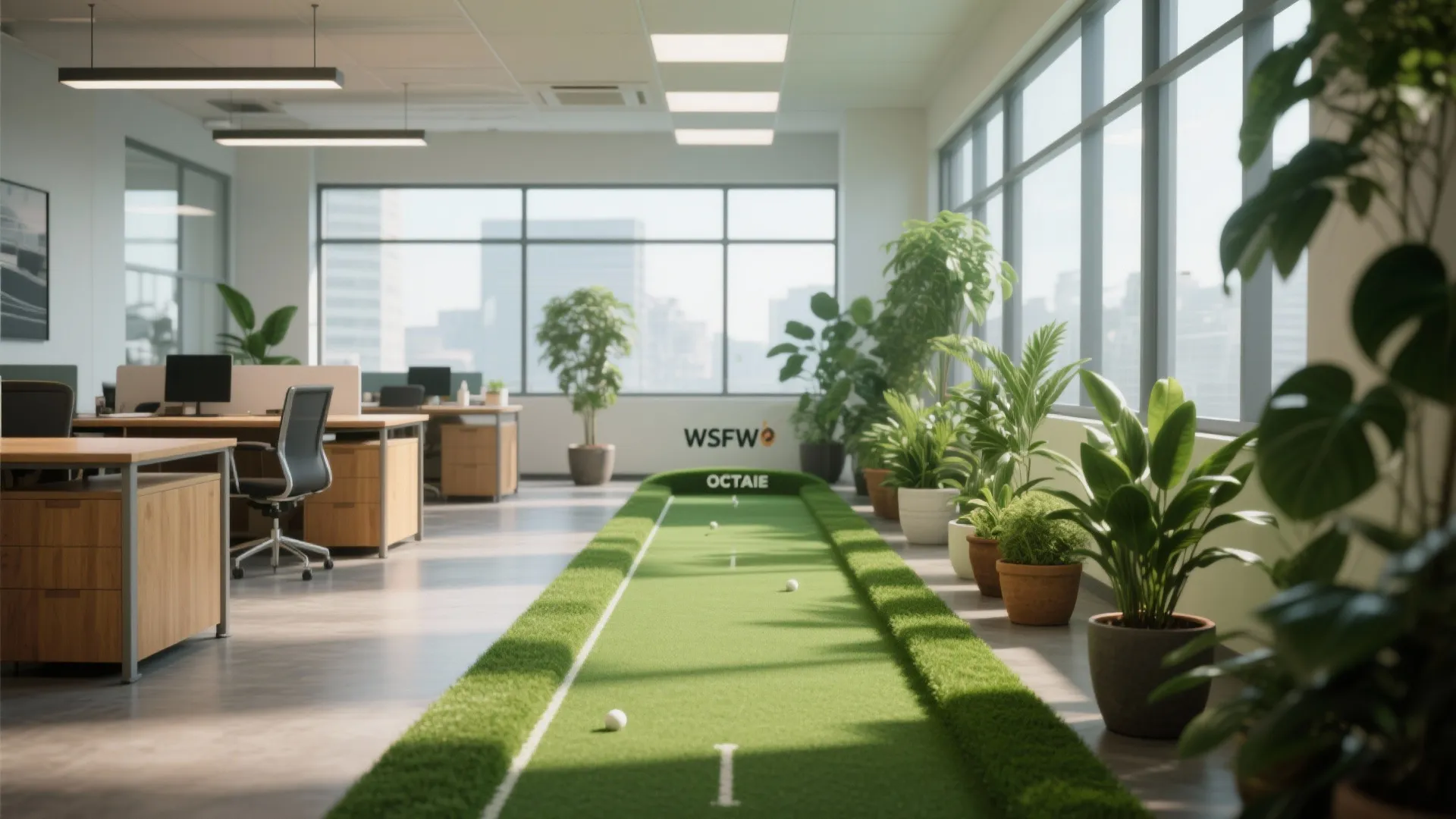 Bright open office space with green putting green desks green plants and large glass windows
