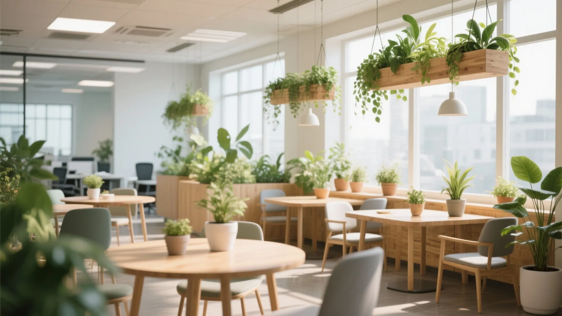 Bright office cafeteria with wooden tables grey chairs and many green plants hanging from ceiling