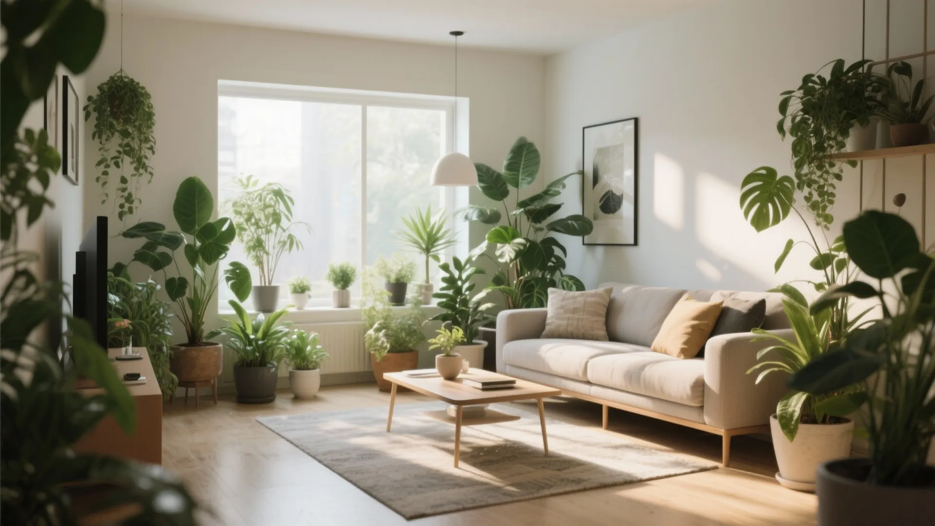 Sunlit living room filled with many green indoor plants sofa coffee table rug and windows