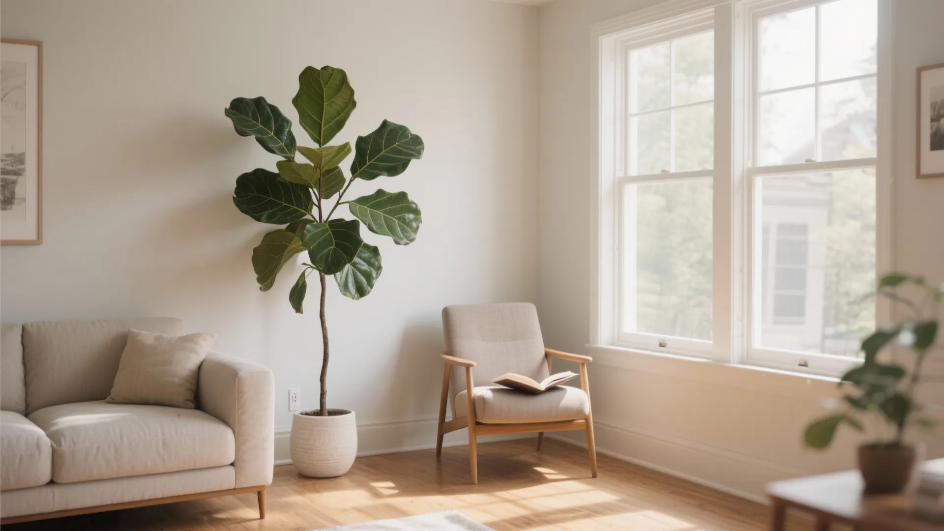 Bright indoor corner with tall green plant beige armchair grey sofa and large white frame windows