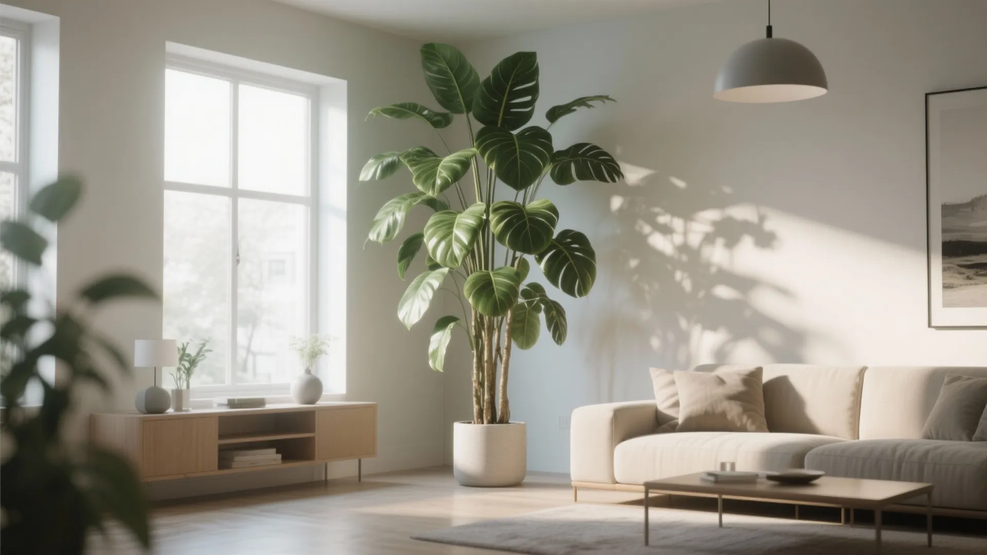 Bright living room corner featuring a large green plant beige sofa and wooden storage cabinet