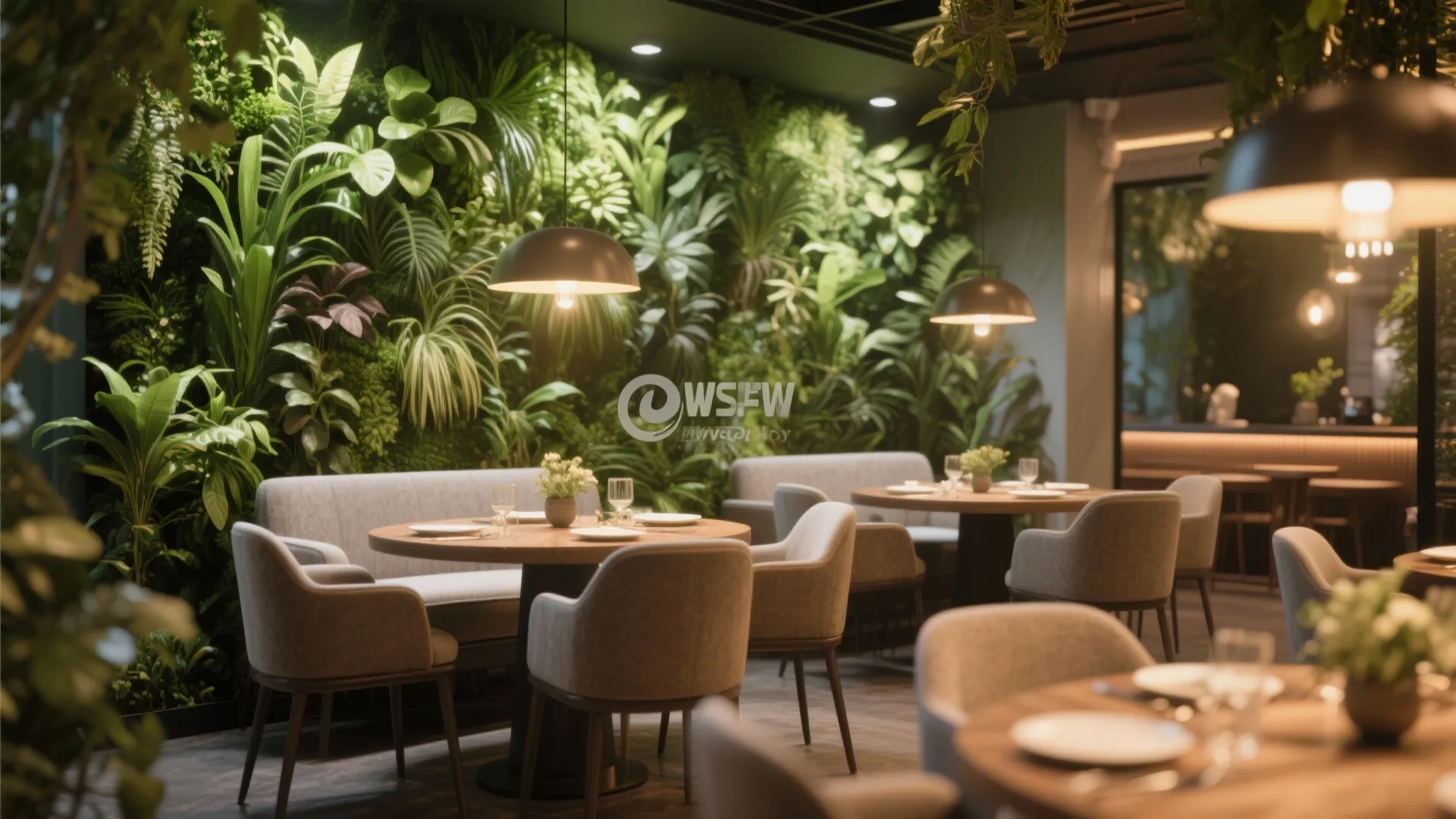Indoor restaurant seating area with a lush green plant wall and black hanging light fixtures