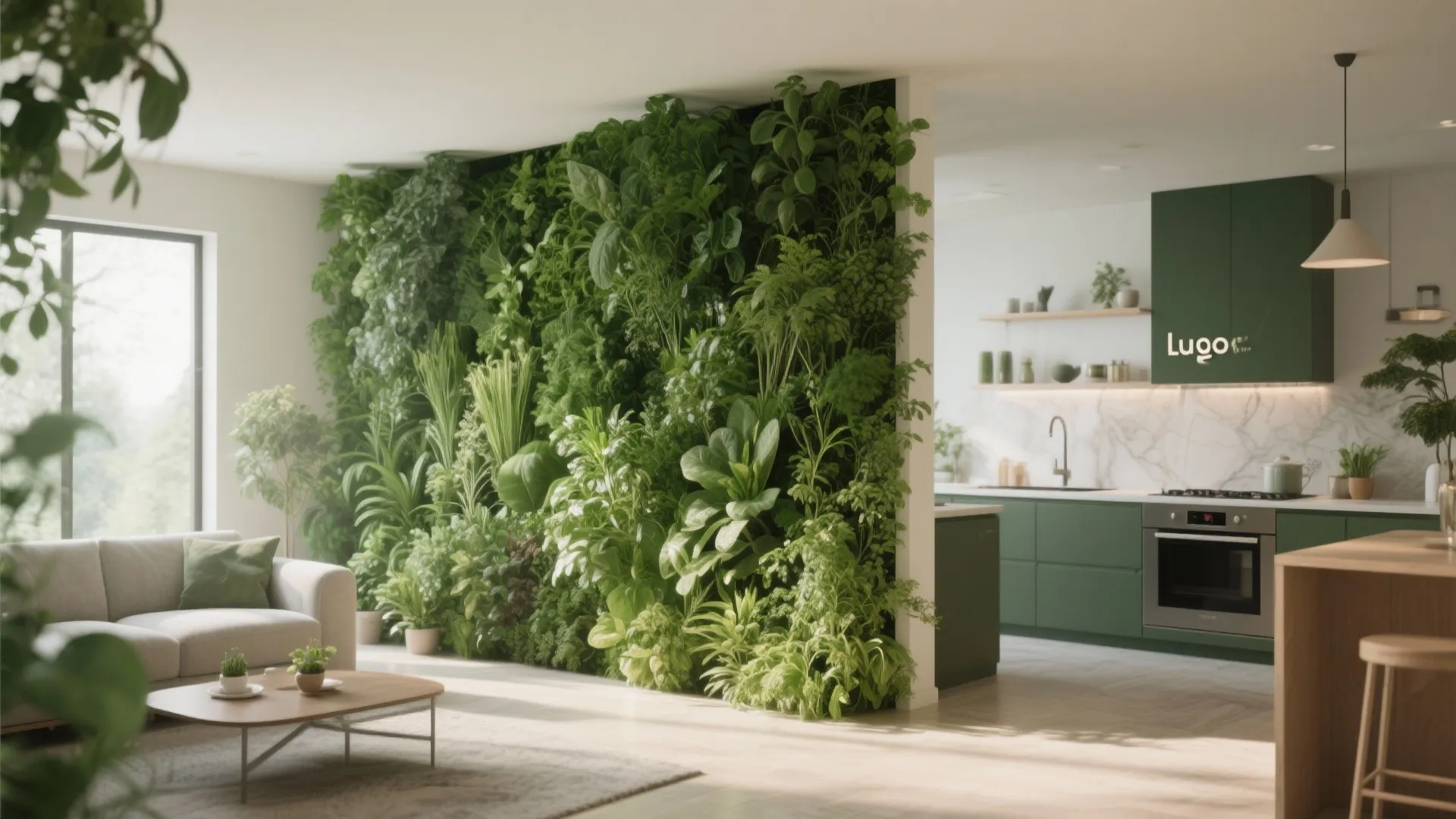 Interior design with large indoor green plant wall separating a living room and green kitchen