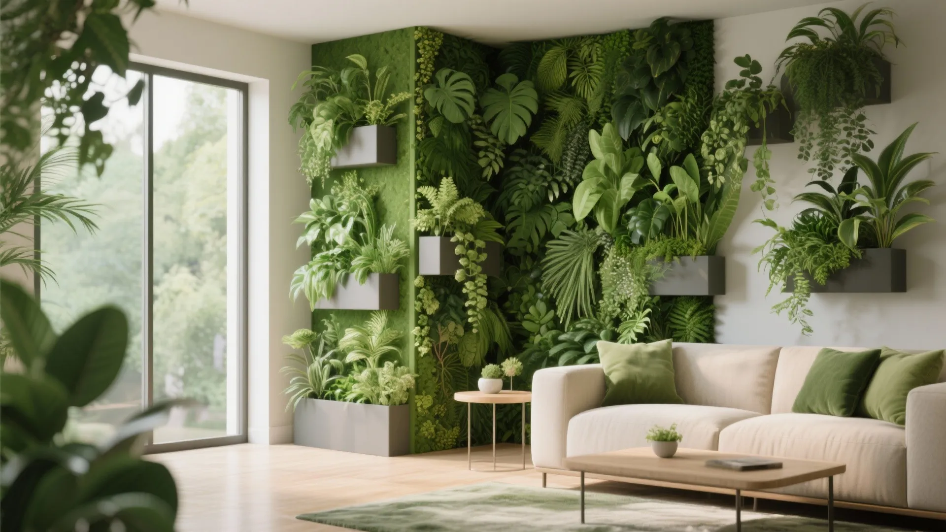 Modern living room featuring a large green plant wall behind a white sofa with cushions