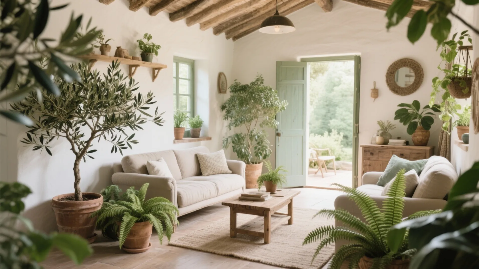 Bright living room filled with green indoor plants beige sofas wooden coffee table and open door