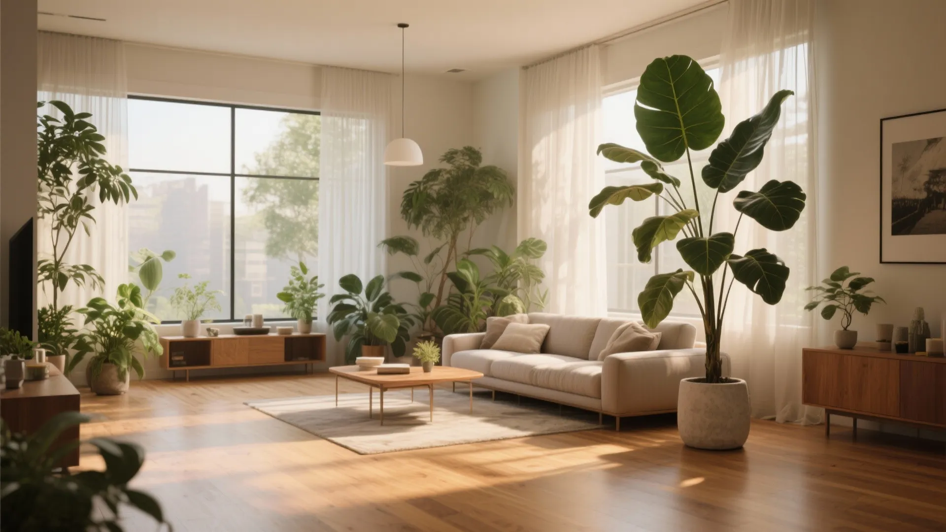 Sunlit living room with many green potted plants white sofa wood coffee table and floor