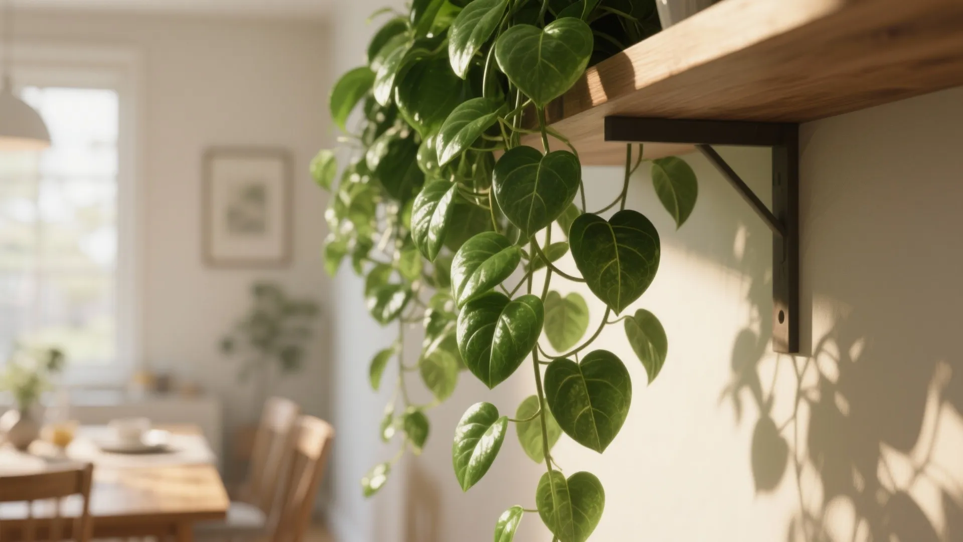 Green heart shaped leaves of a climbing plant hanging down from a wooden wall shelf