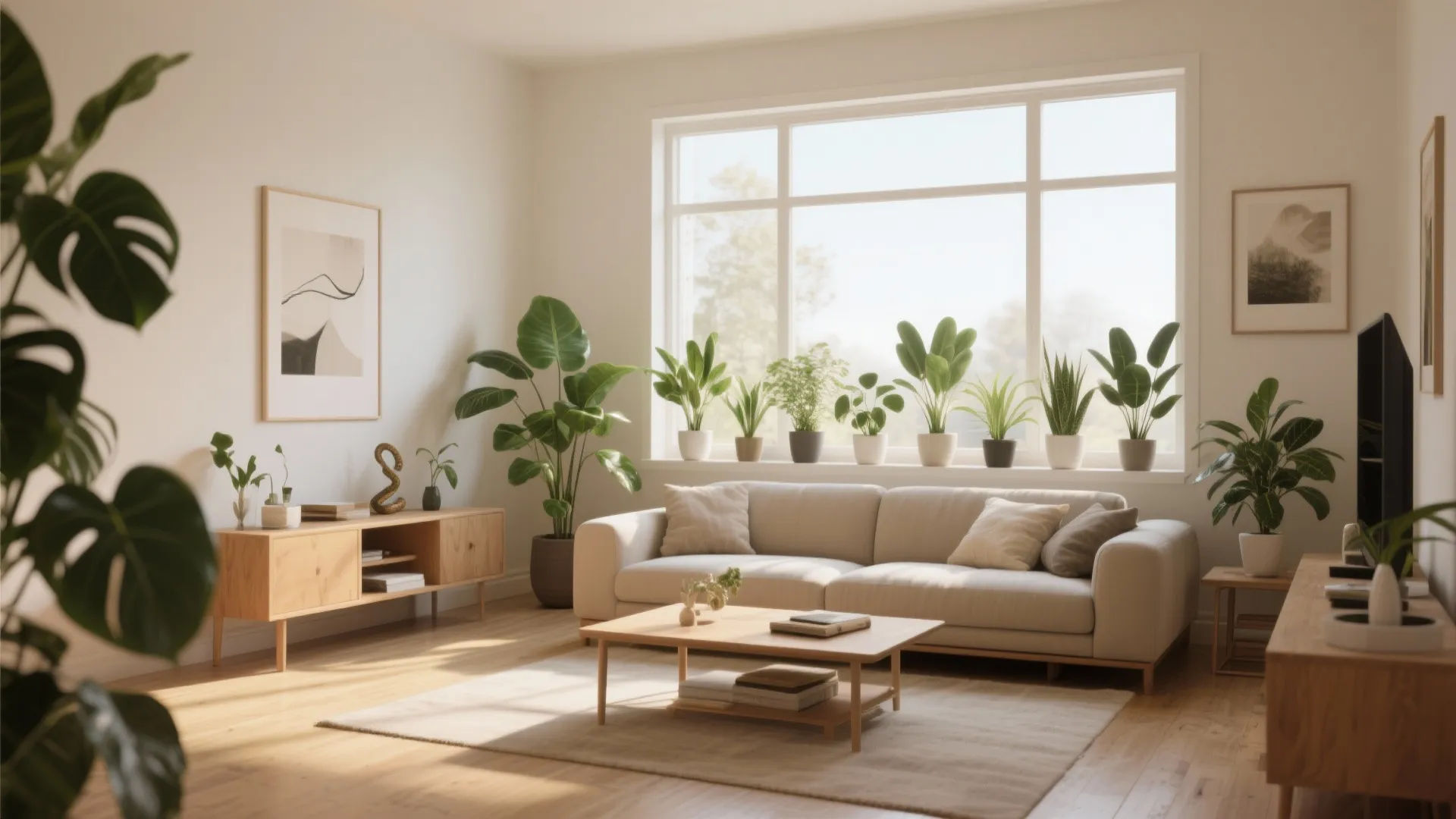 Bright living room with white sofa wooden coffee table many green plants and natural light
