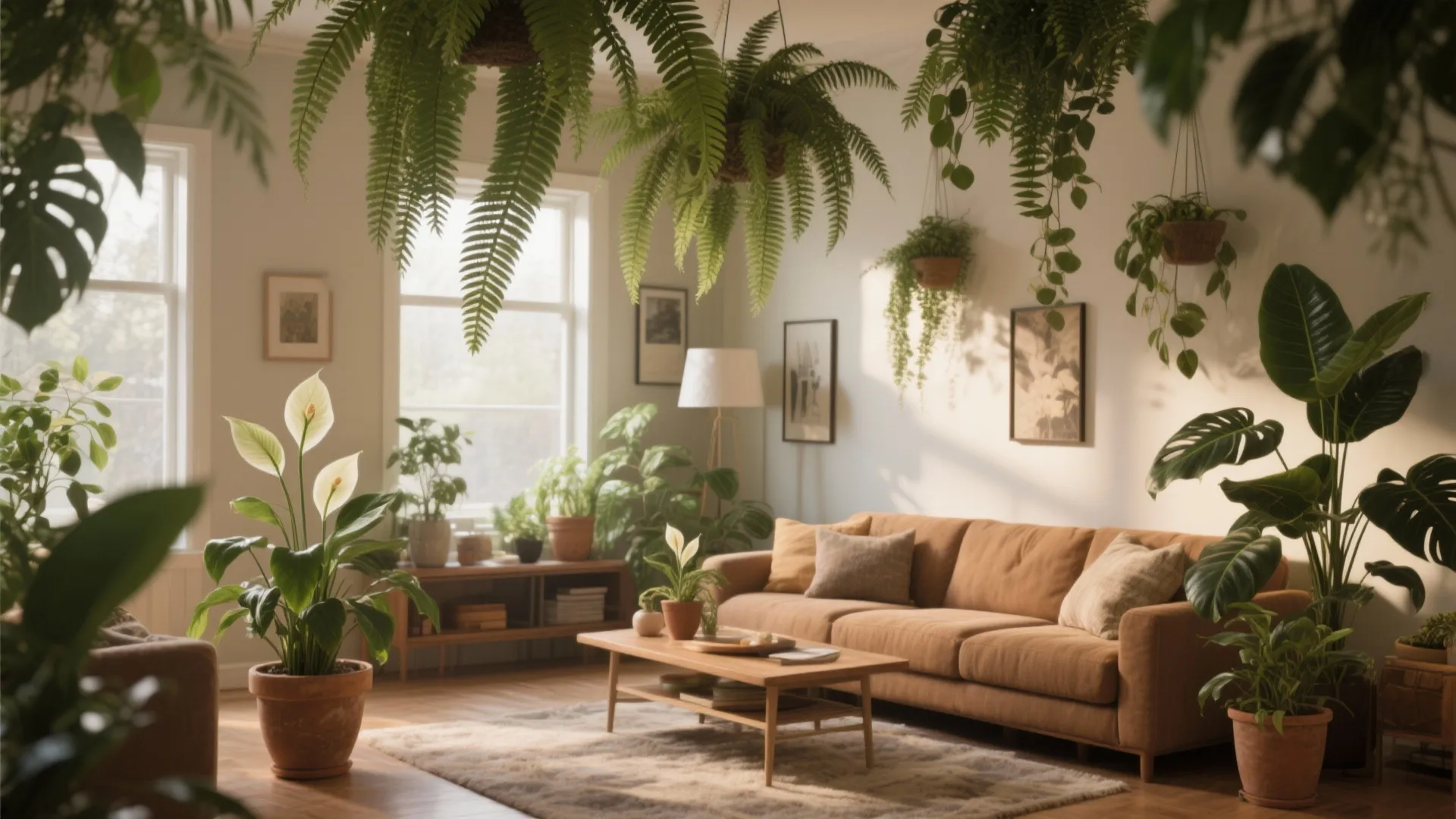 Living room filled with hanging and potted plants
