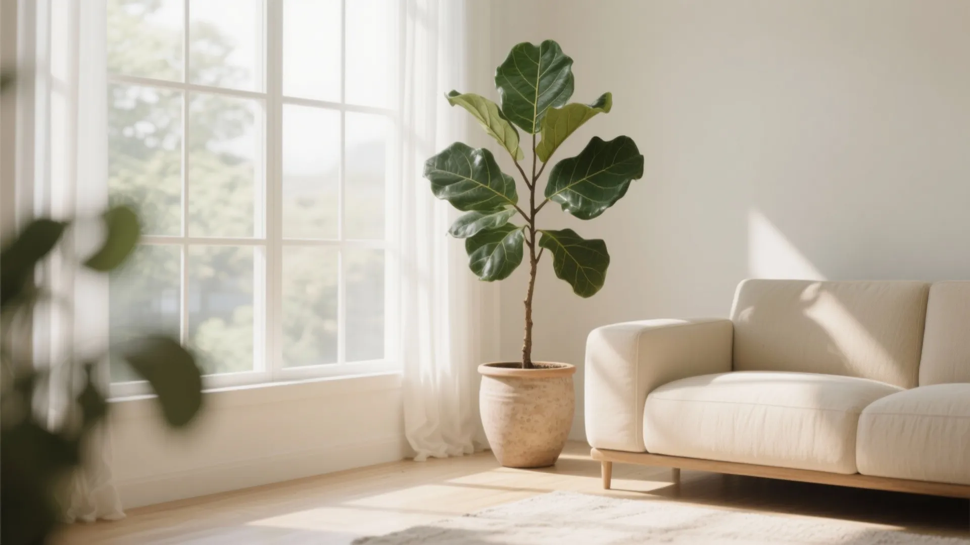 Large green plant in a ceramic pot next to beige sofa near sunny window with curtains